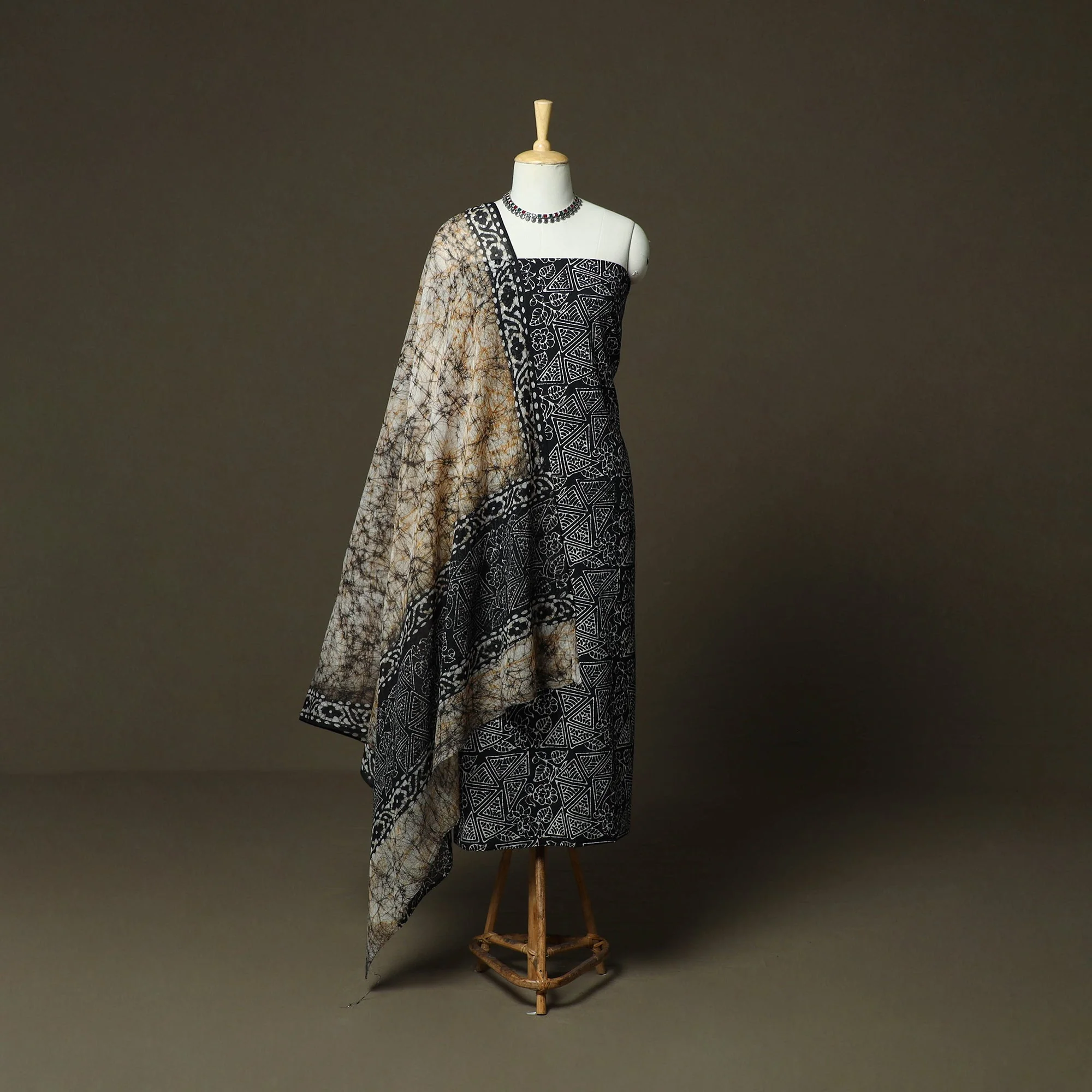 Black - Hand Block Batik Print Cotton 3pc Unstitched Dress Material 32 - Image 2