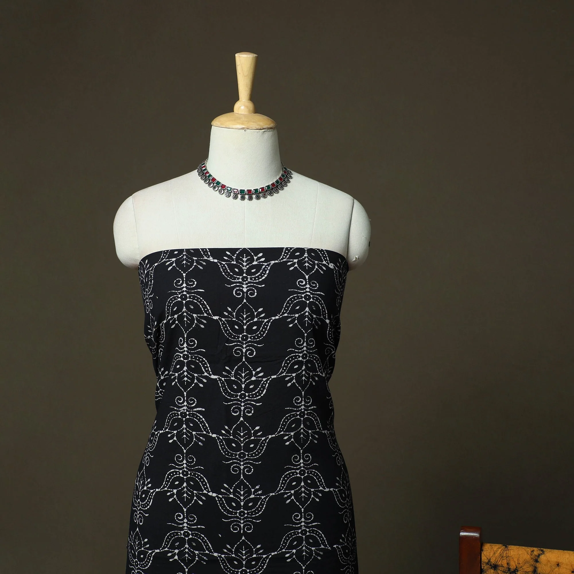 Black - Hand Block Batik Print Cotton 3pc Unstitched Dress Material 34 - Image 3
