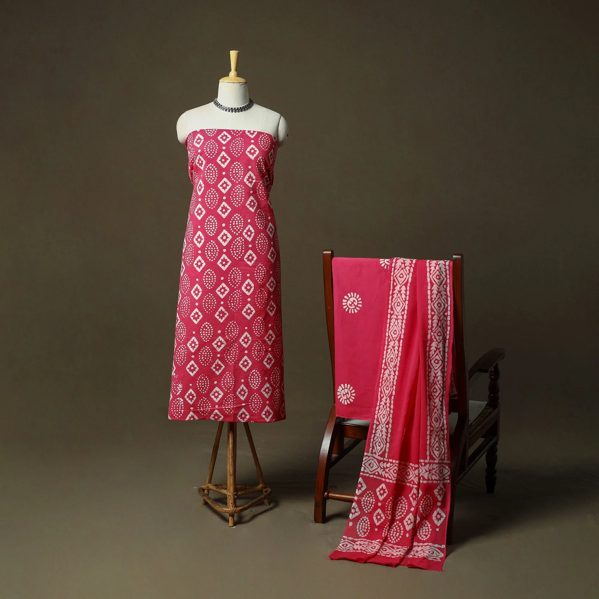 Pink - Hand Block Batik Print Cotton 3pc Unstitched Dress Material Suit Set 67