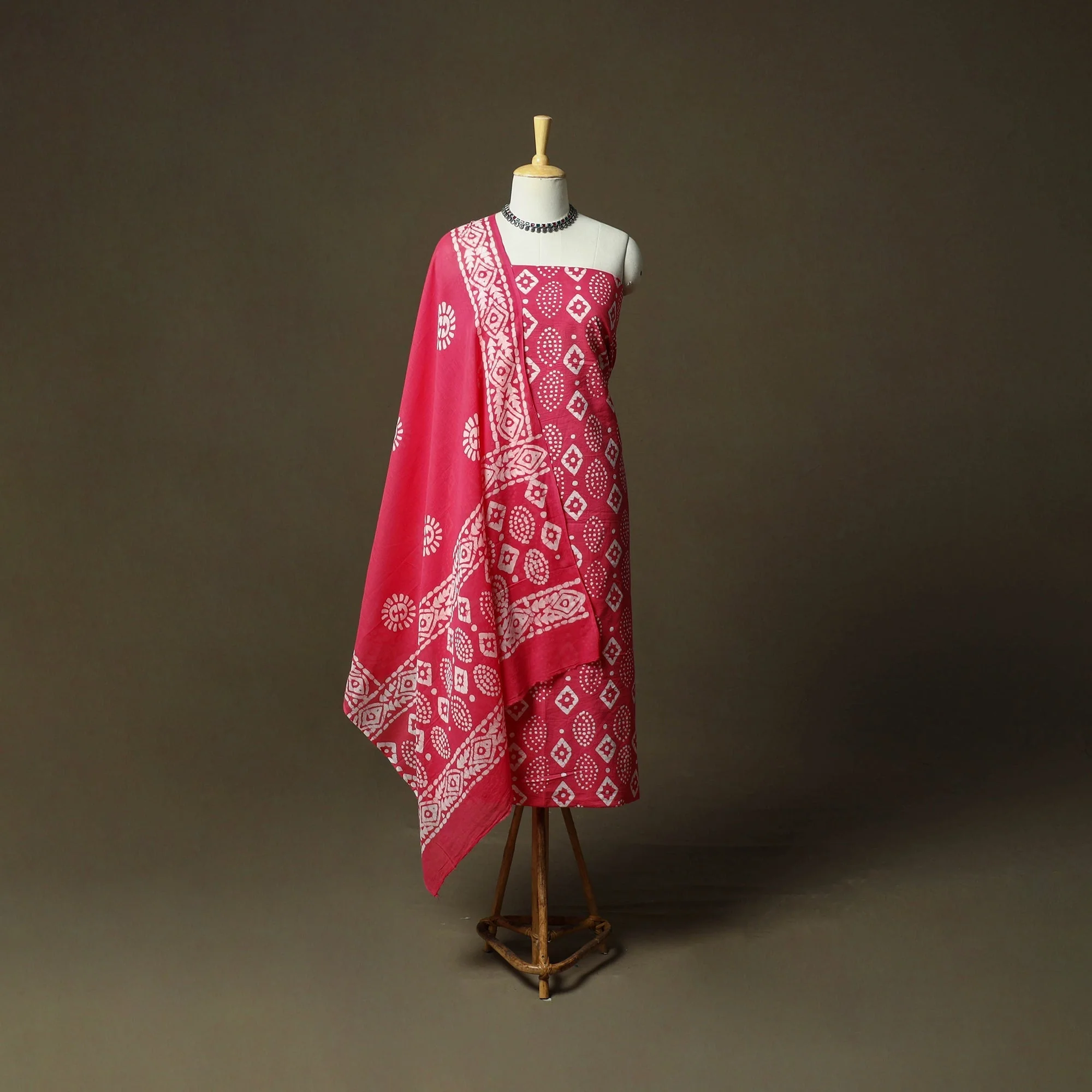 Pink - Hand Block Batik Print Cotton 3pc Unstitched Dress Material Suit Set 67 - Image 2