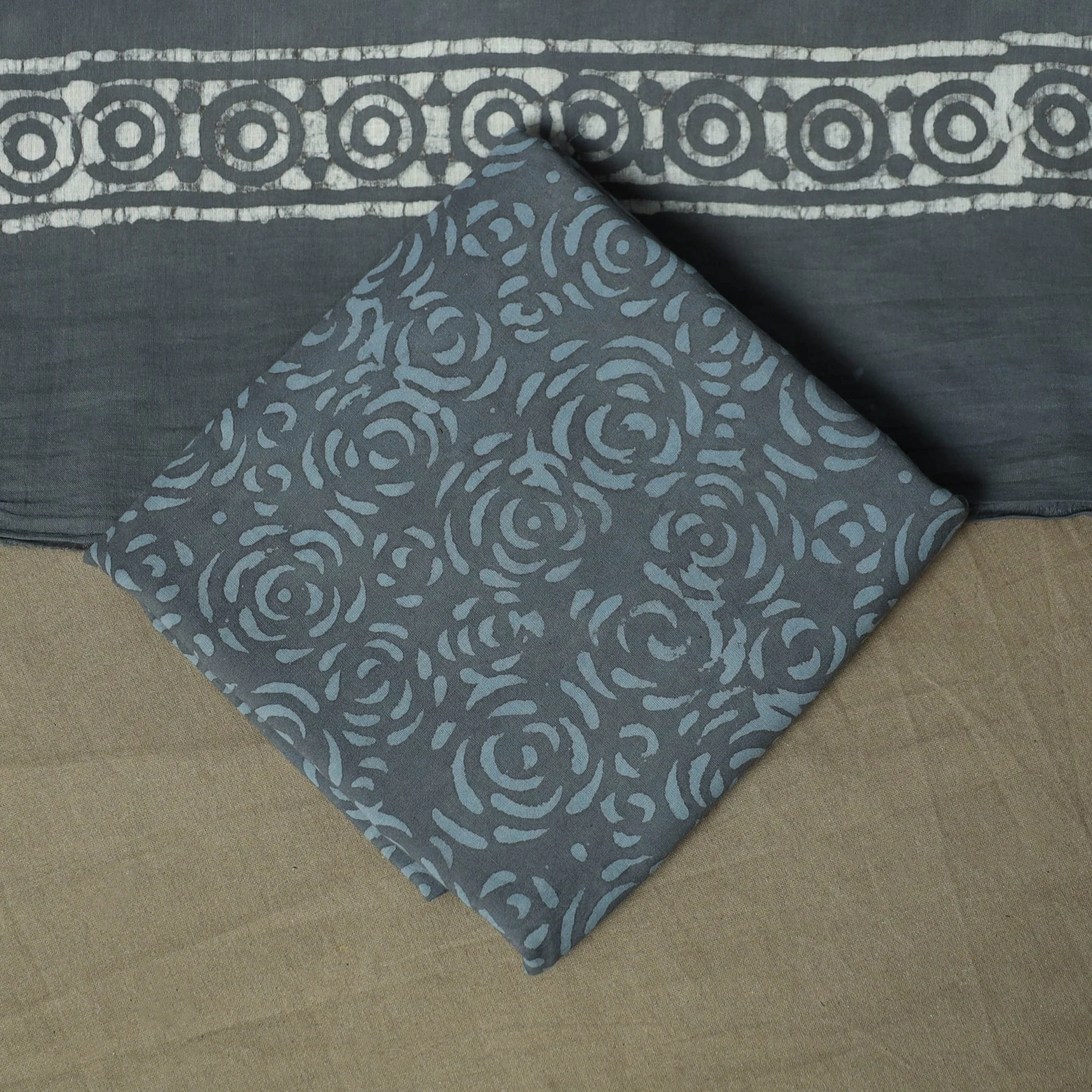 Grey - Hand Block Batik Print Cotton 3pc Unstitched Dress Material Suit Set 78 - Image 5