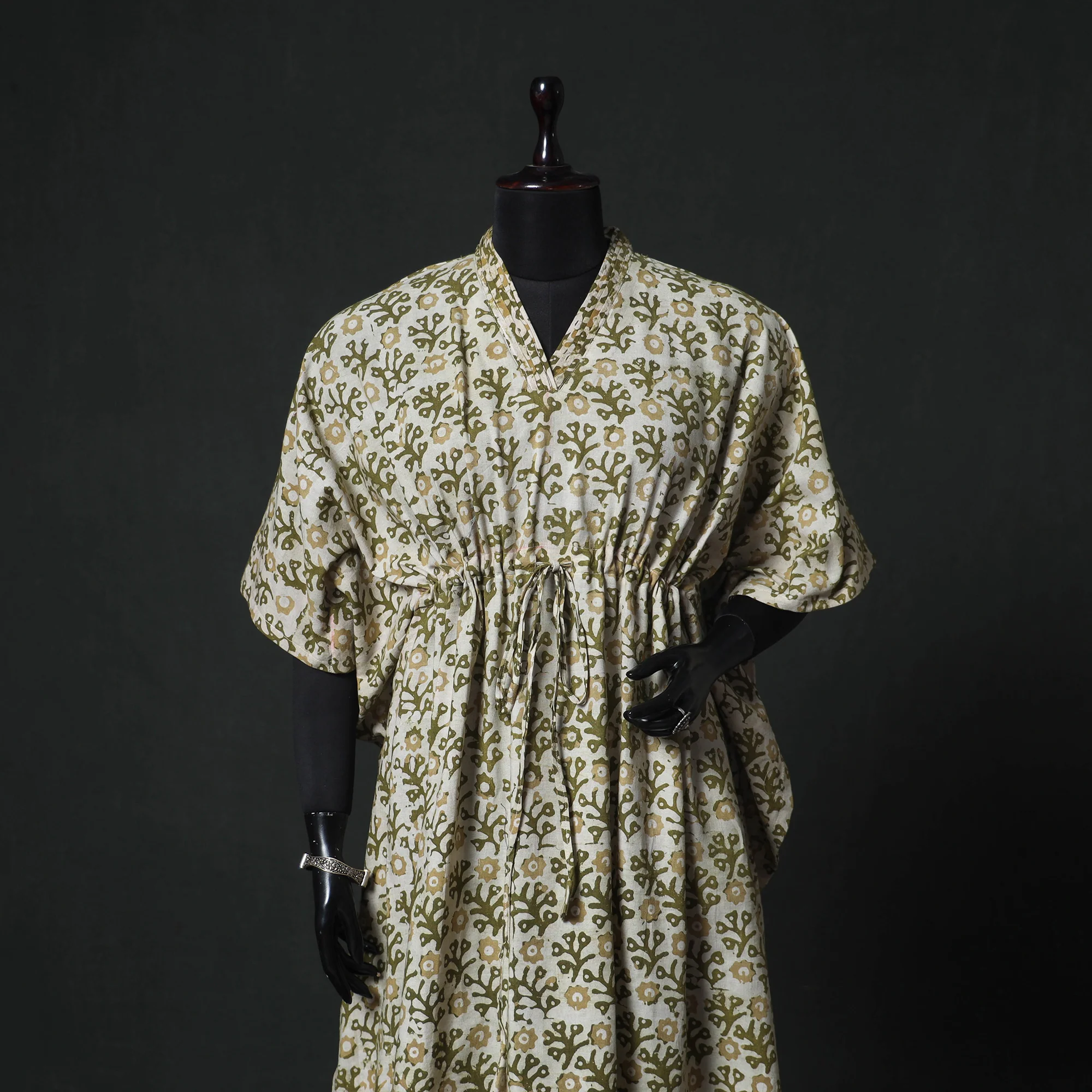 Green - Hand Block Batik Print Cotton Kaftan (Long) 04 - Image 2