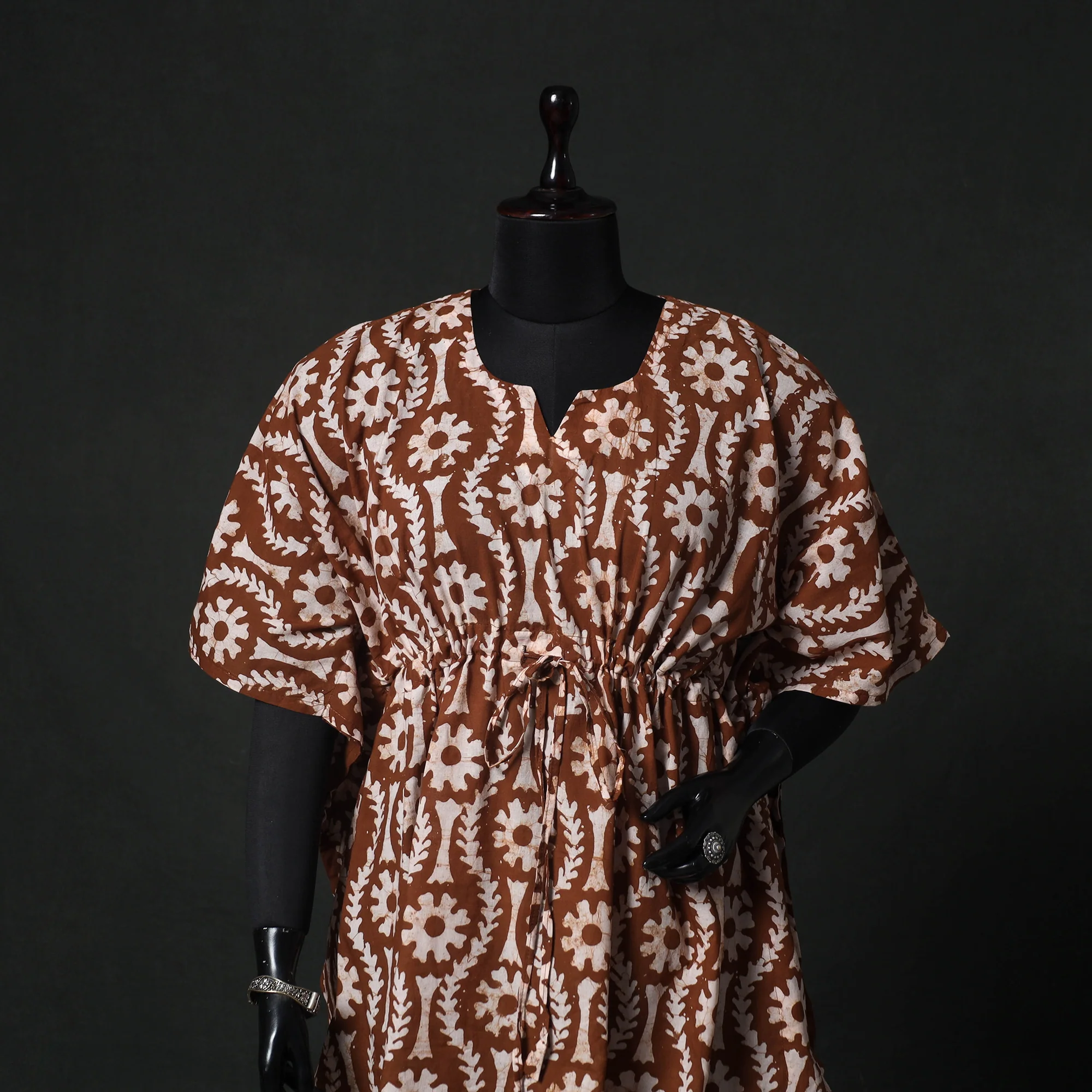 Brown - Hand Block Batik Print Cotton Kaftan (Medium) 62 - Image 2