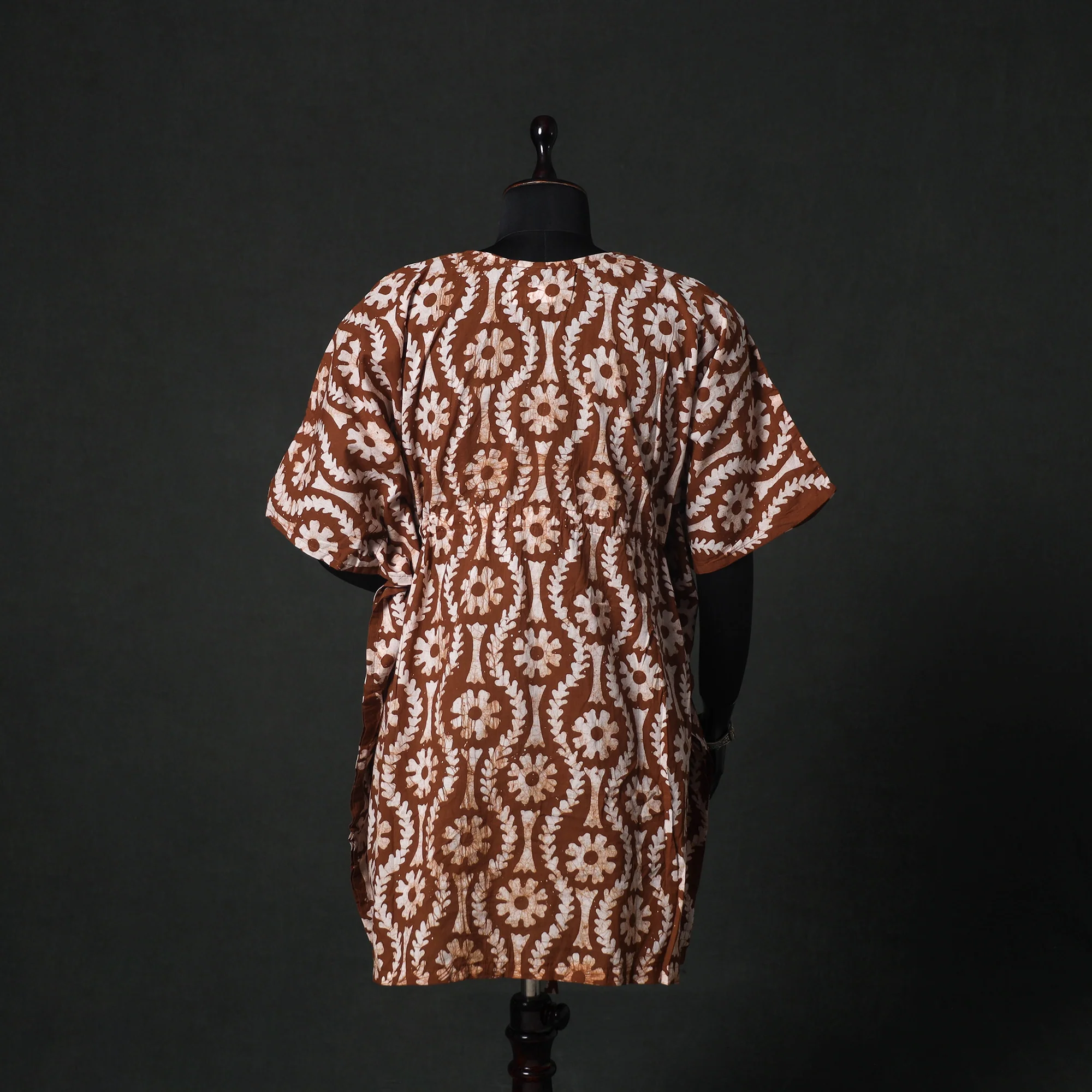 Brown - Hand Block Batik Print Cotton Kaftan (Medium) 62 - Image 5