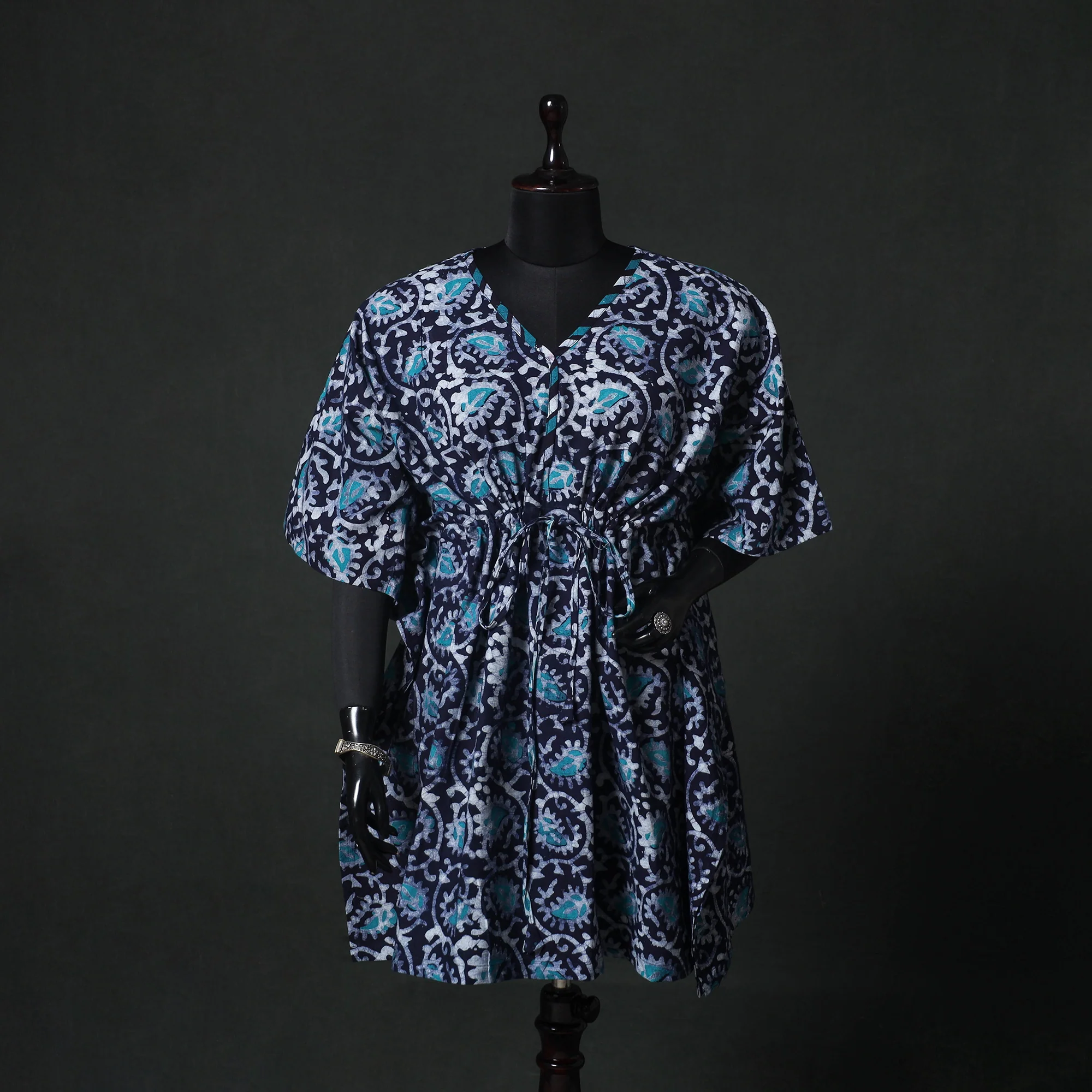 Blue - Hand Block Batik Print Cotton Kaftan (Medium) 65
