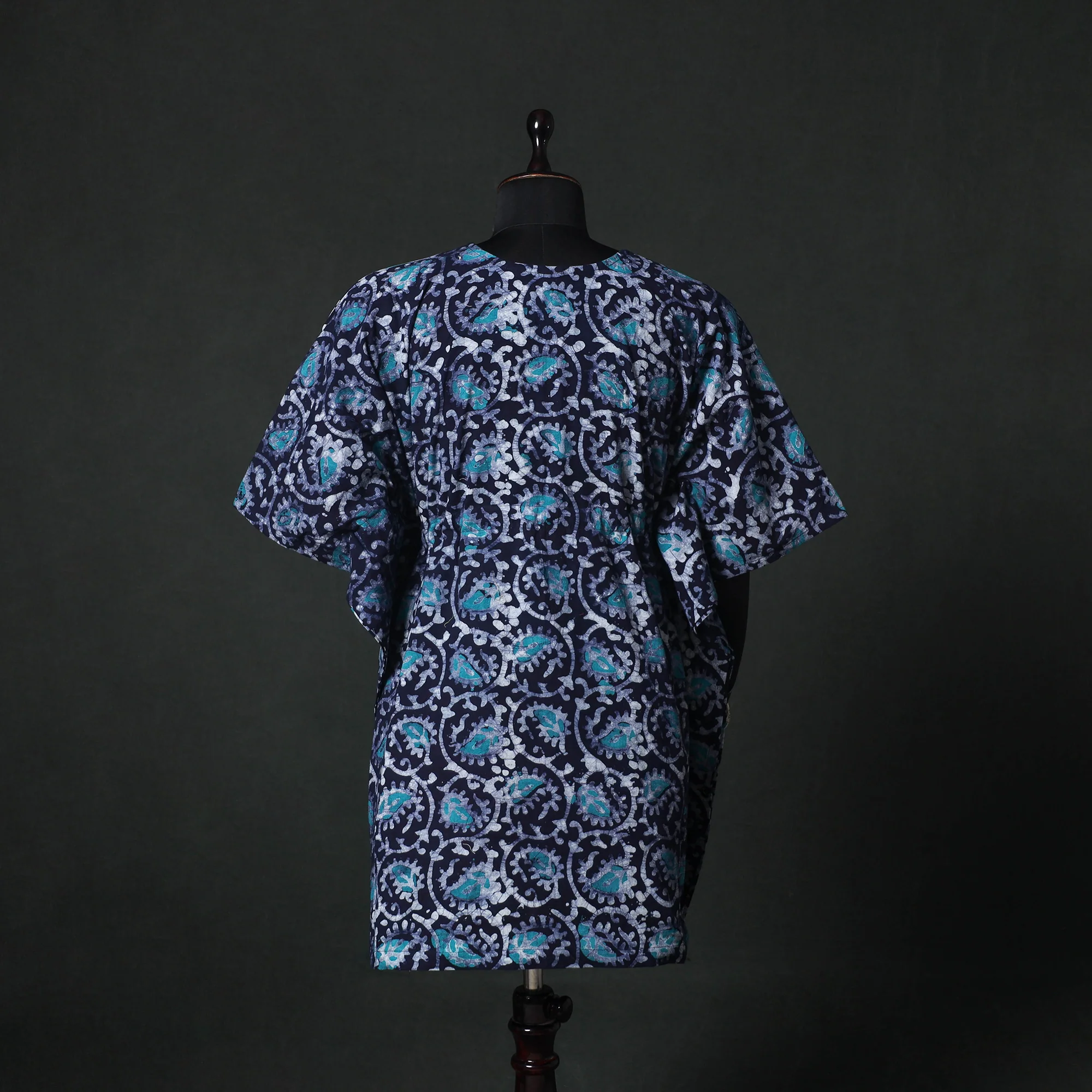 Blue - Hand Block Batik Print Cotton Kaftan (Medium) 65 - Image 5
