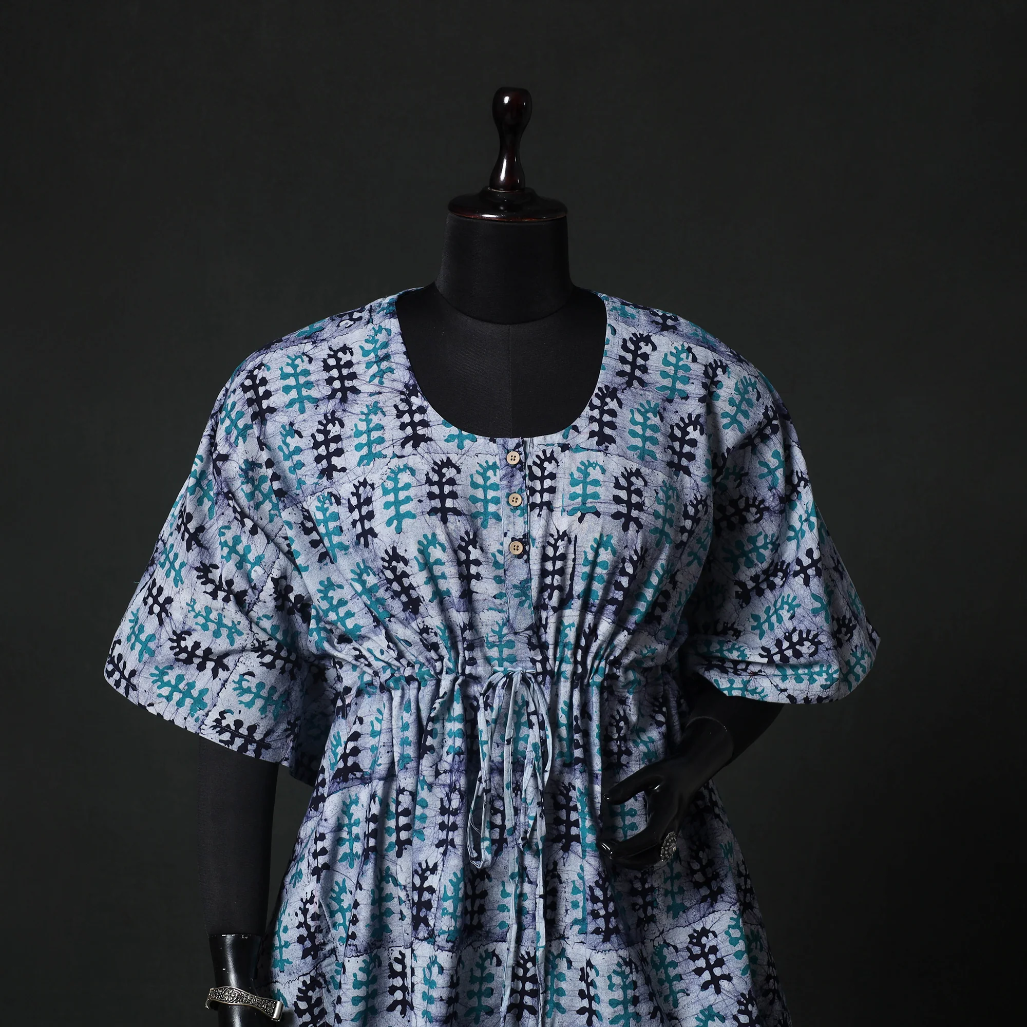 Blue - Hand Block Batik Print Cotton Kaftan (Short) 43 - Image 2