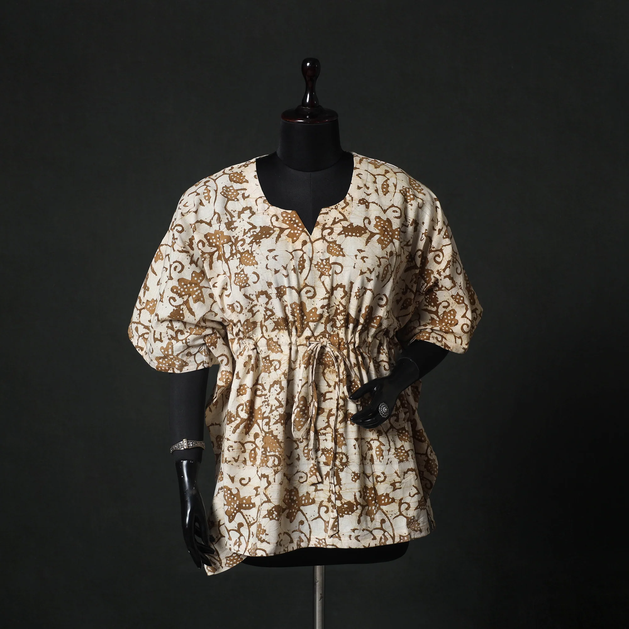 Beige - Hand Block Batik Print Cotton Kaftan (Short) 54