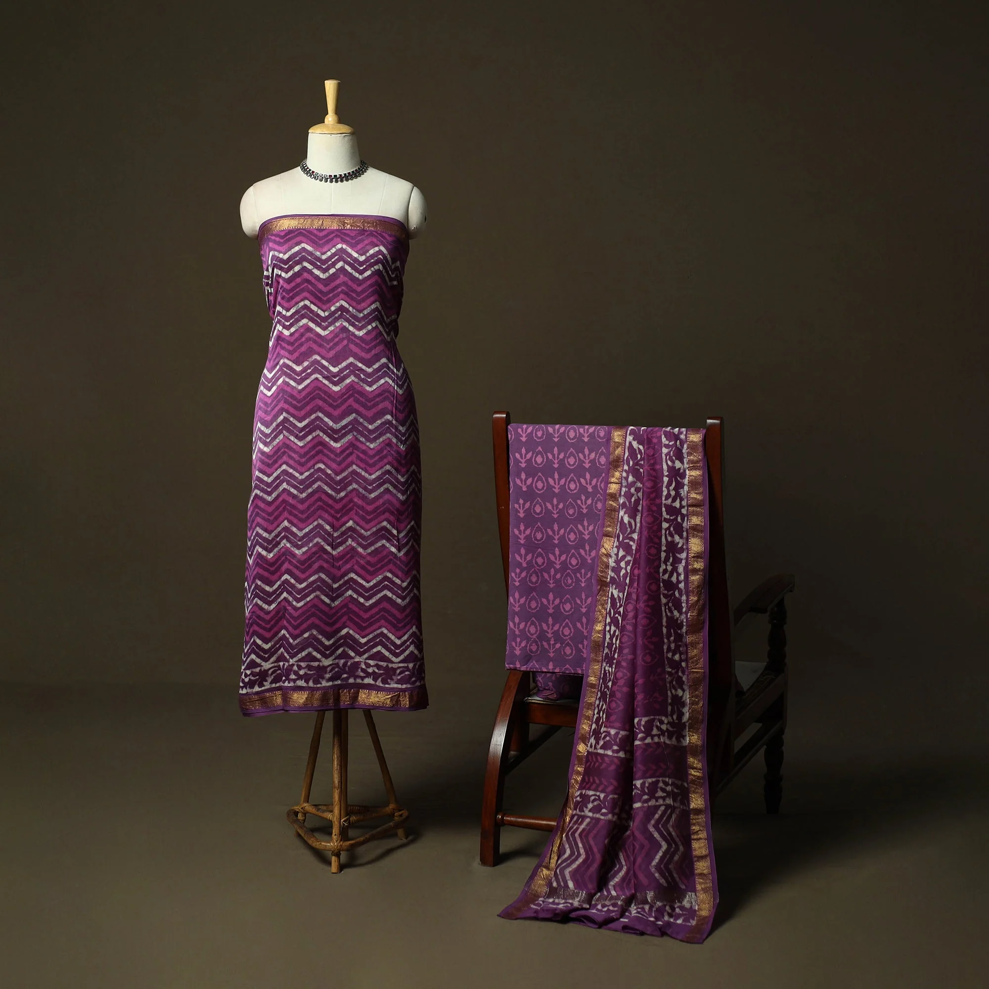 Purple - Hand Block Batik Print Maheshwari Silk 3pc Unstitched Dress Material 25