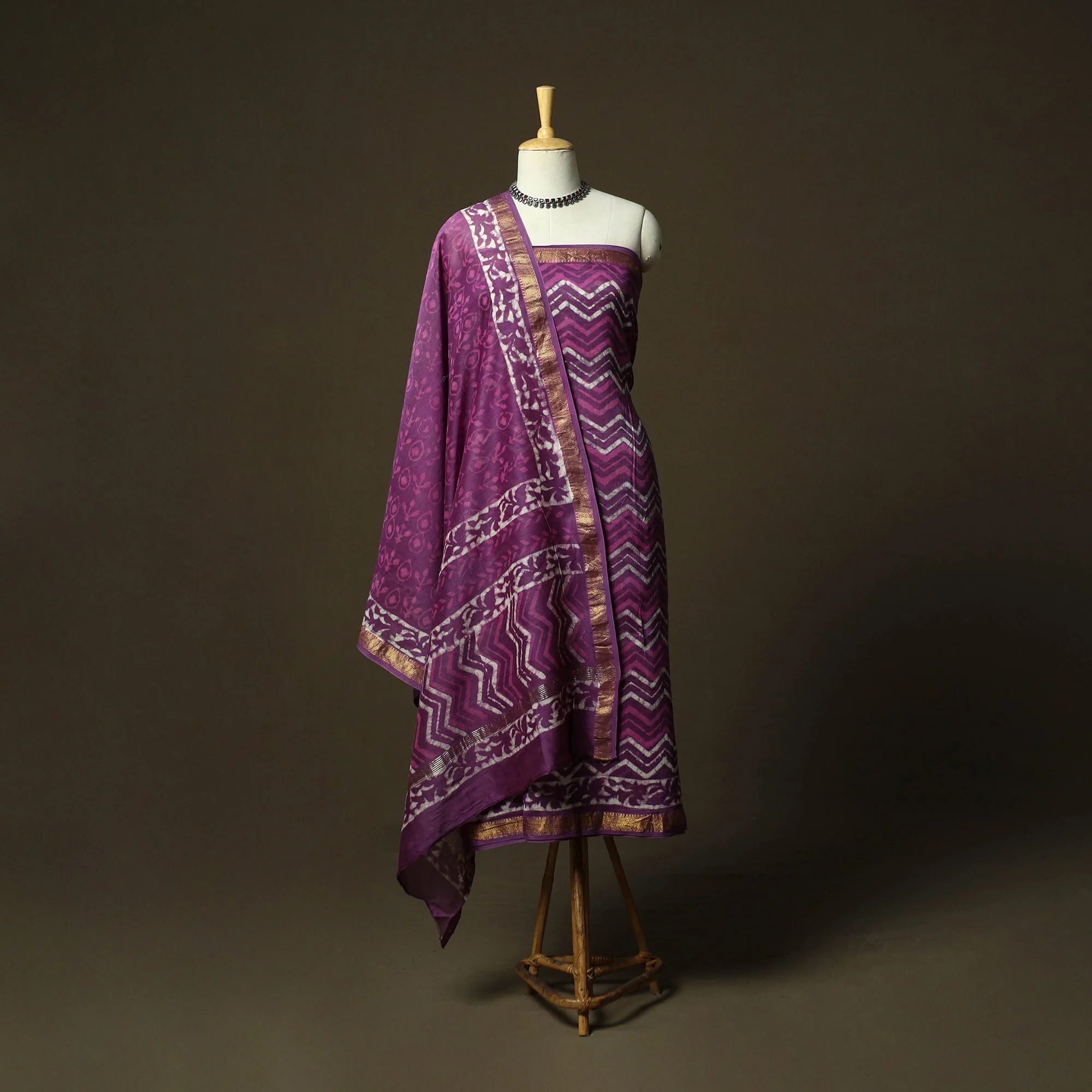 Purple - Hand Block Batik Print Maheshwari Silk 3pc Unstitched Dress Material 25 - Image 2