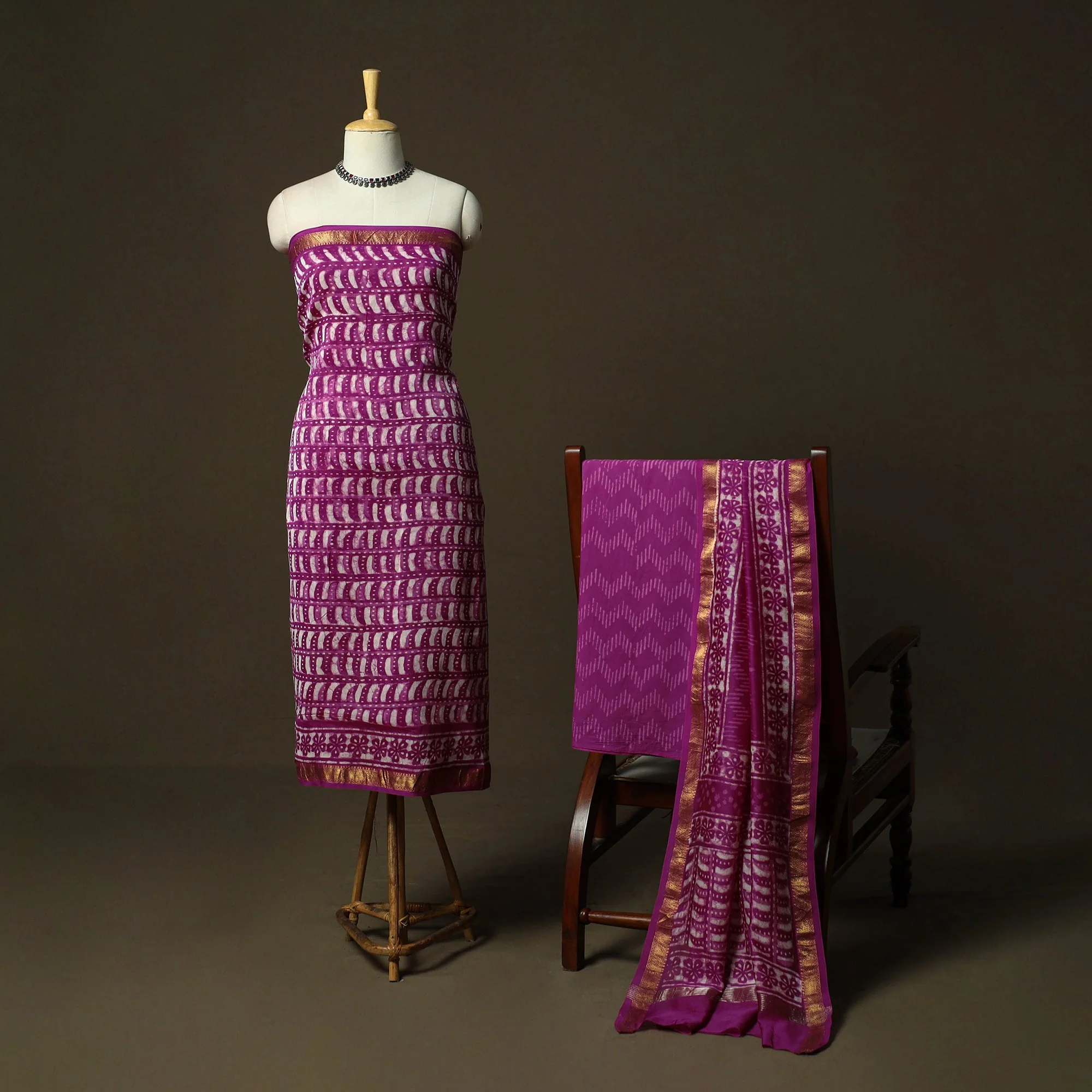 Purple - Hand Block Batik Print Maheshwari Silk 3pc Unstitched Dress Material Suit Set 27