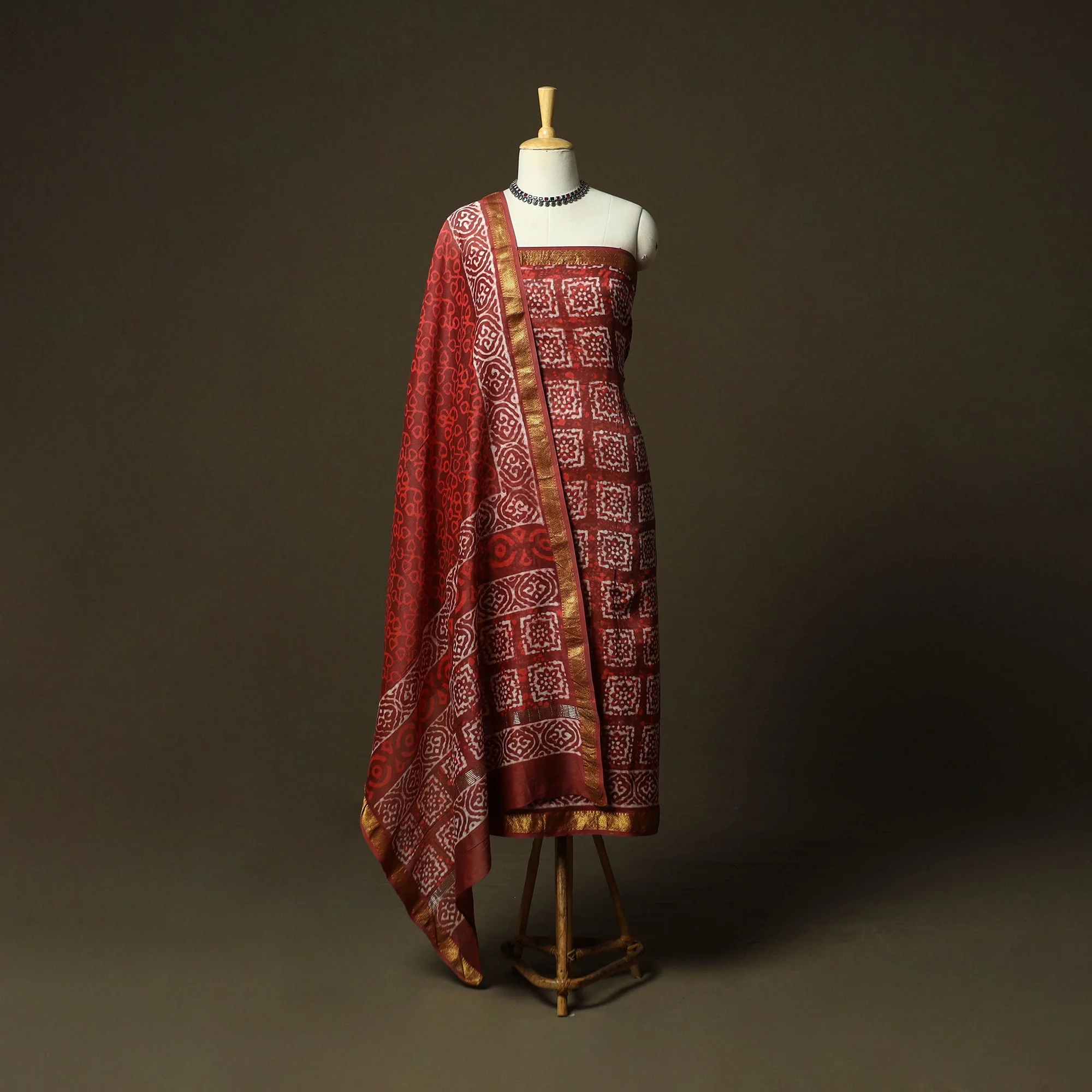 Red - Hand Block Batik Print Maheshwari Silk 3pc Unstitched Dress Material 28 - Image 2