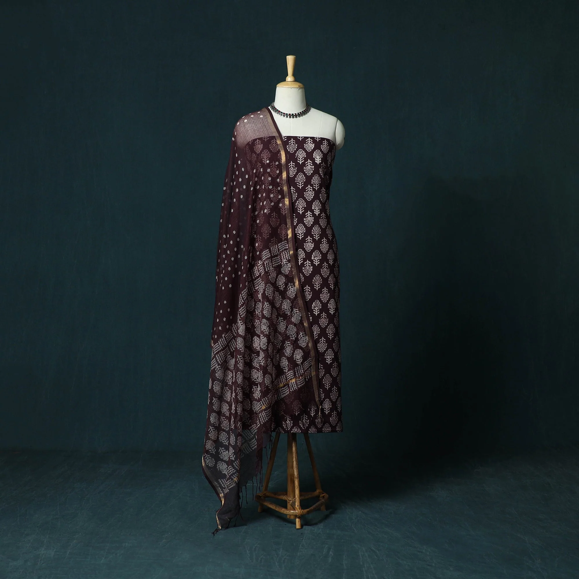 Brown - Hand Block Jaipur Print Cotton 3pc Unstitched Dress Material 15