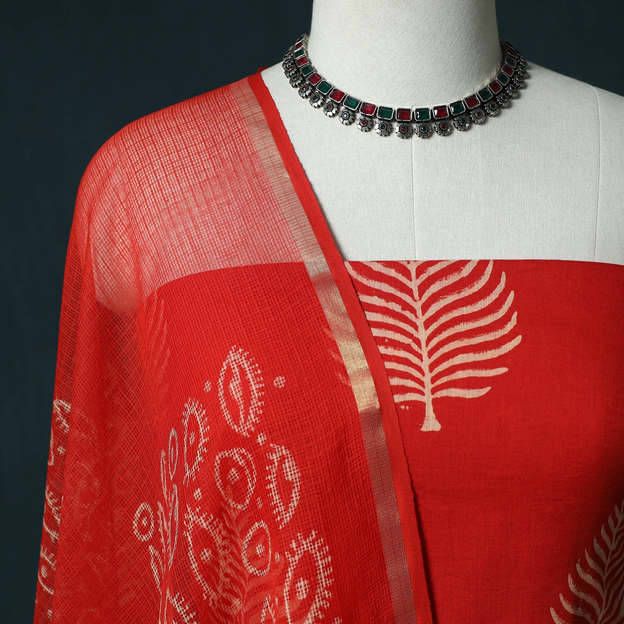 Red - Hand Block Jaipur Print Cotton 3pc Unstitched Dress Material 18 - Image 3