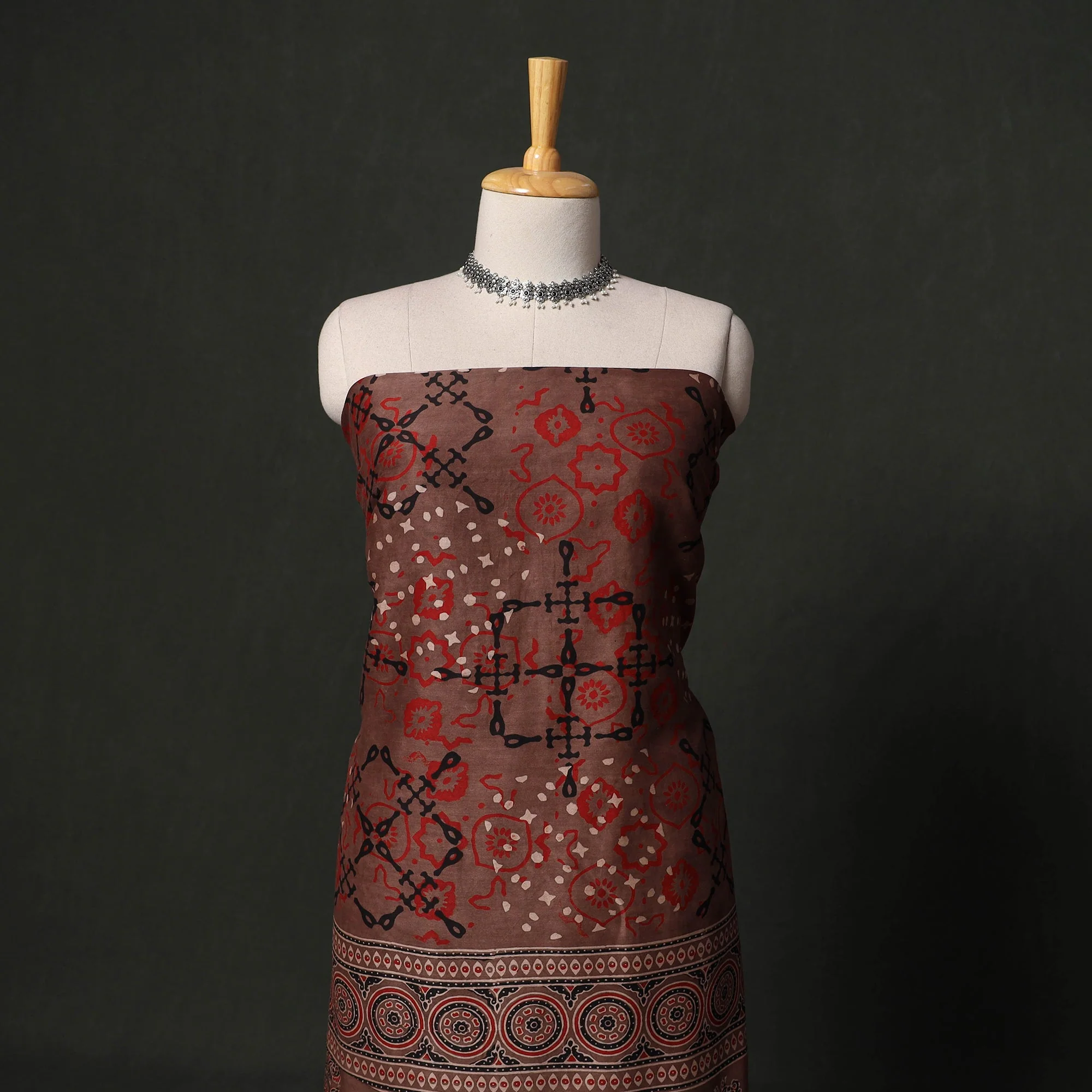 Brown - Hand Block Print Chanderi Silk Natural Dyed Ajrakh 2pc Unstitched Dress Material 06 - Image 3