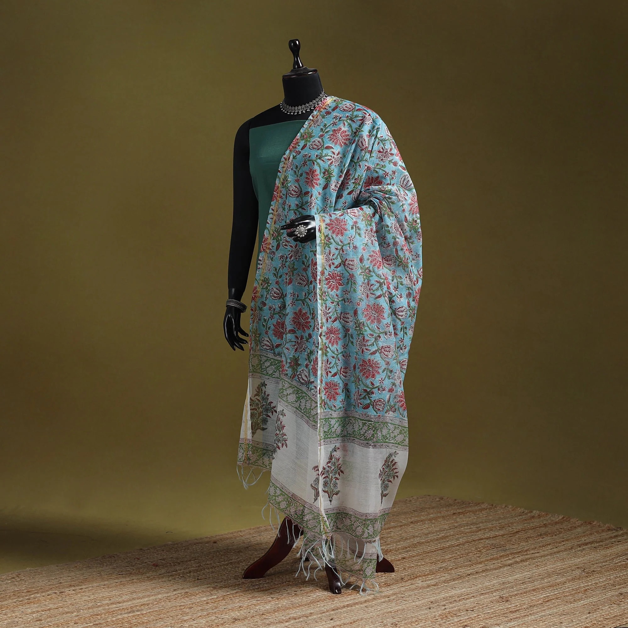 Blue - Hand Block Print Chanderi Silk Sanganeri Floral Dupatta 50