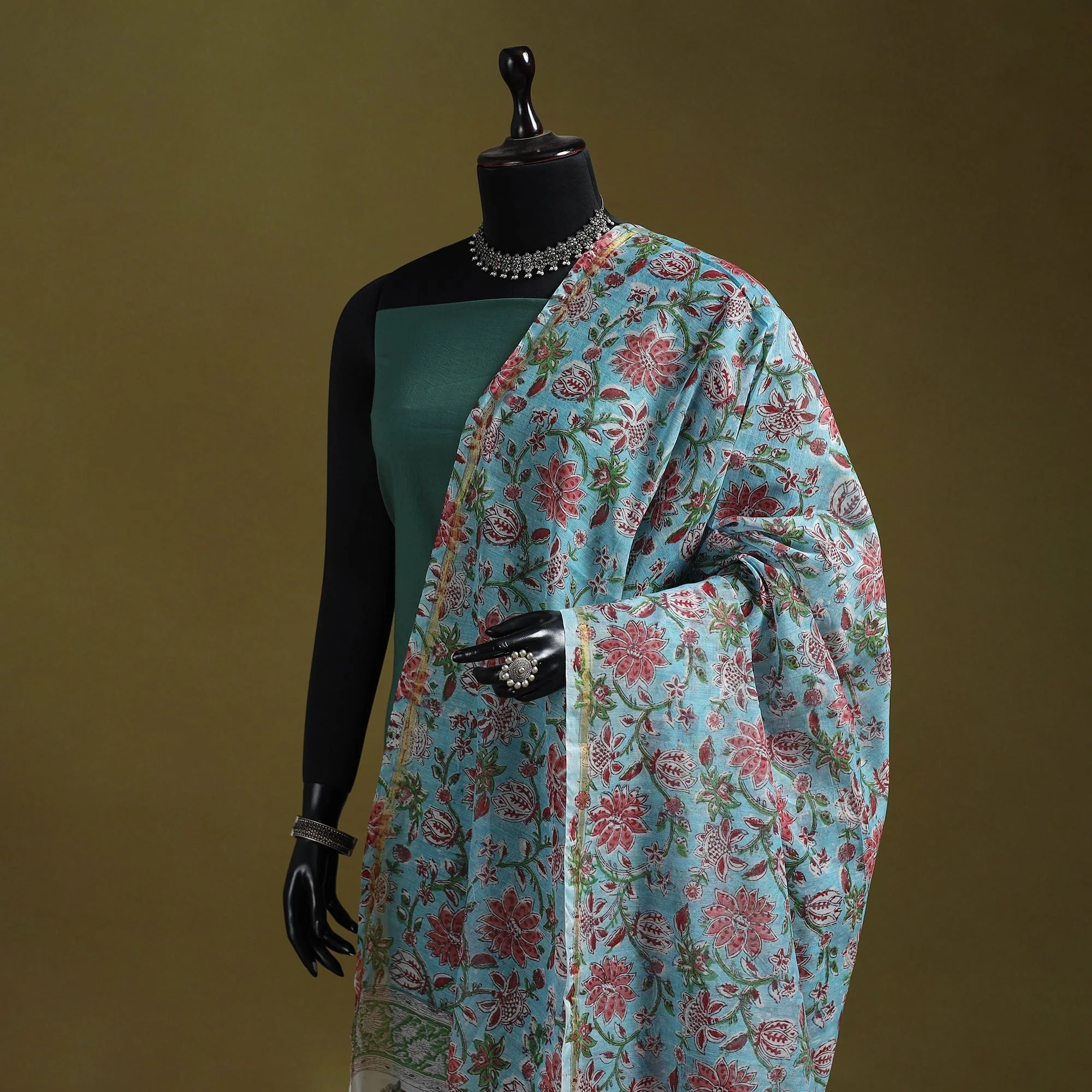 Blue - Hand Block Print Chanderi Silk Sanganeri Floral Dupatta 50 - Image 2