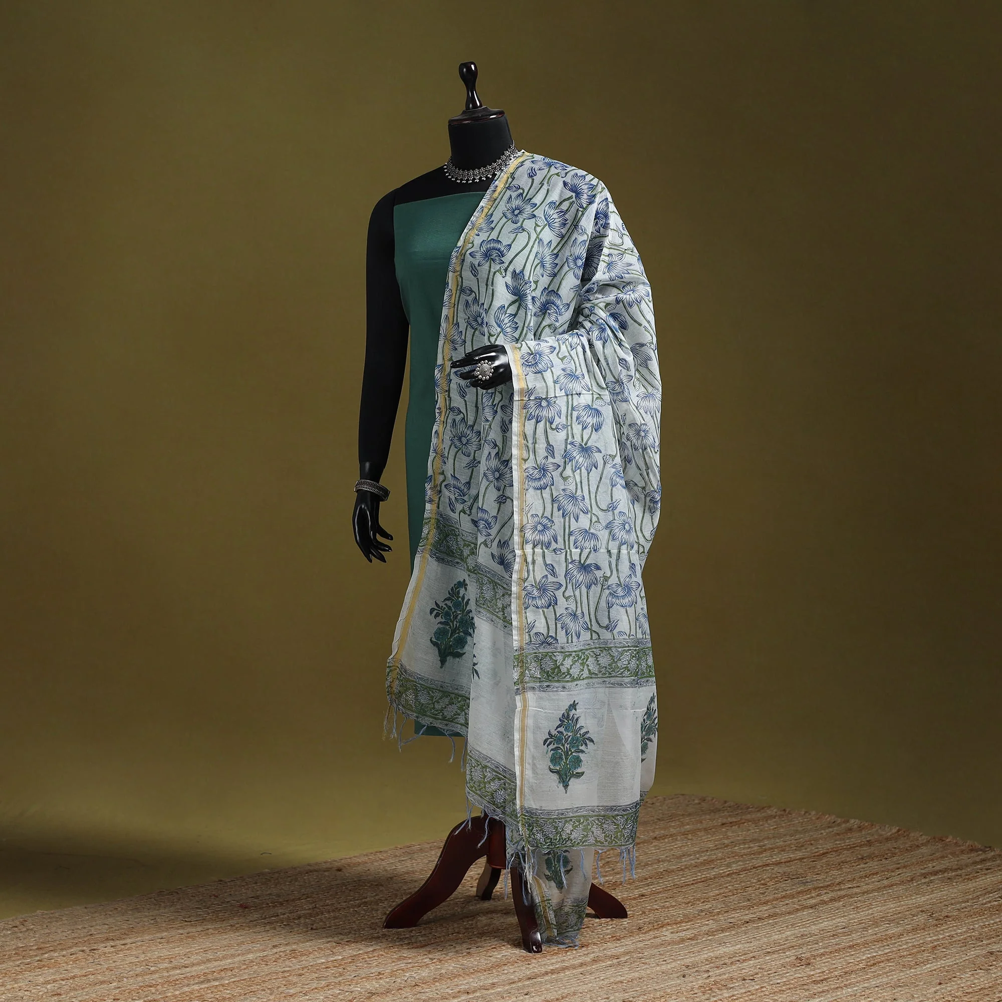 Blue - Hand Block Print Chanderi Silk Sanganeri Floral Dupatta 51