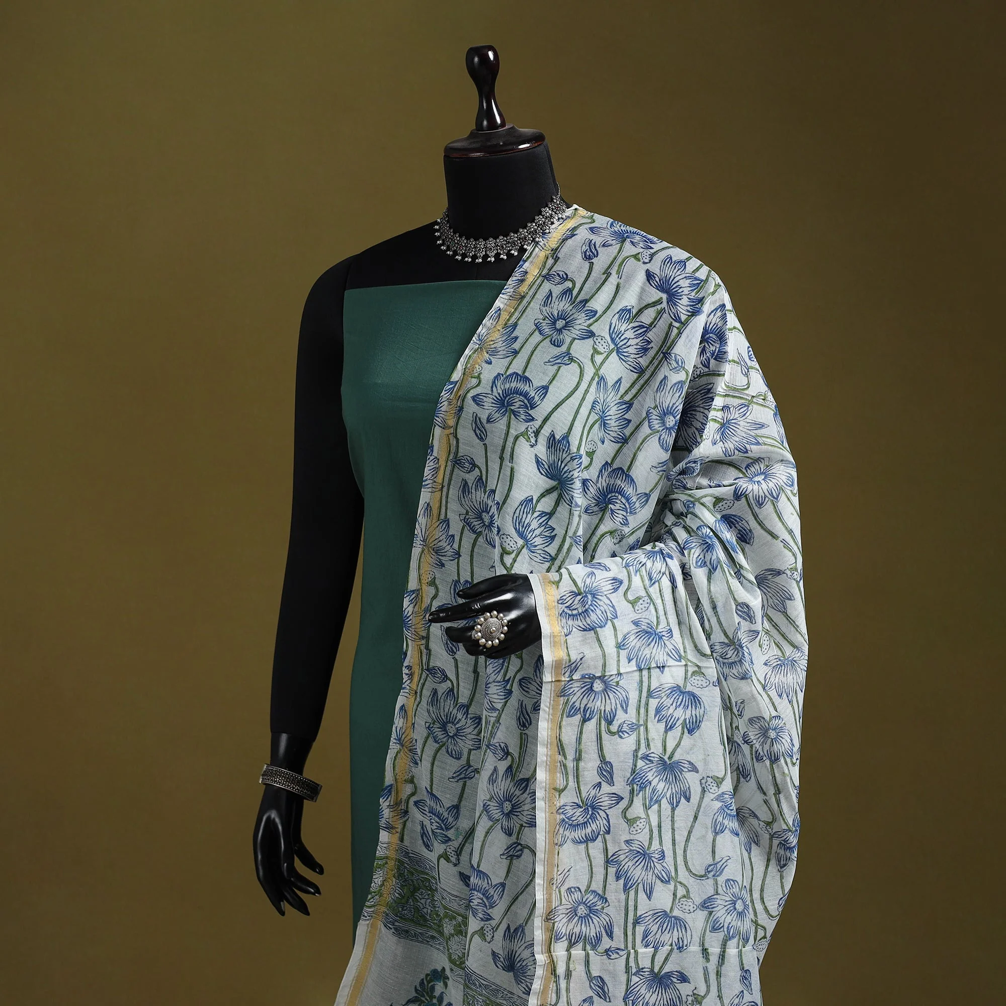 Blue - Hand Block Print Chanderi Silk Sanganeri Floral Dupatta 51 - Image 2