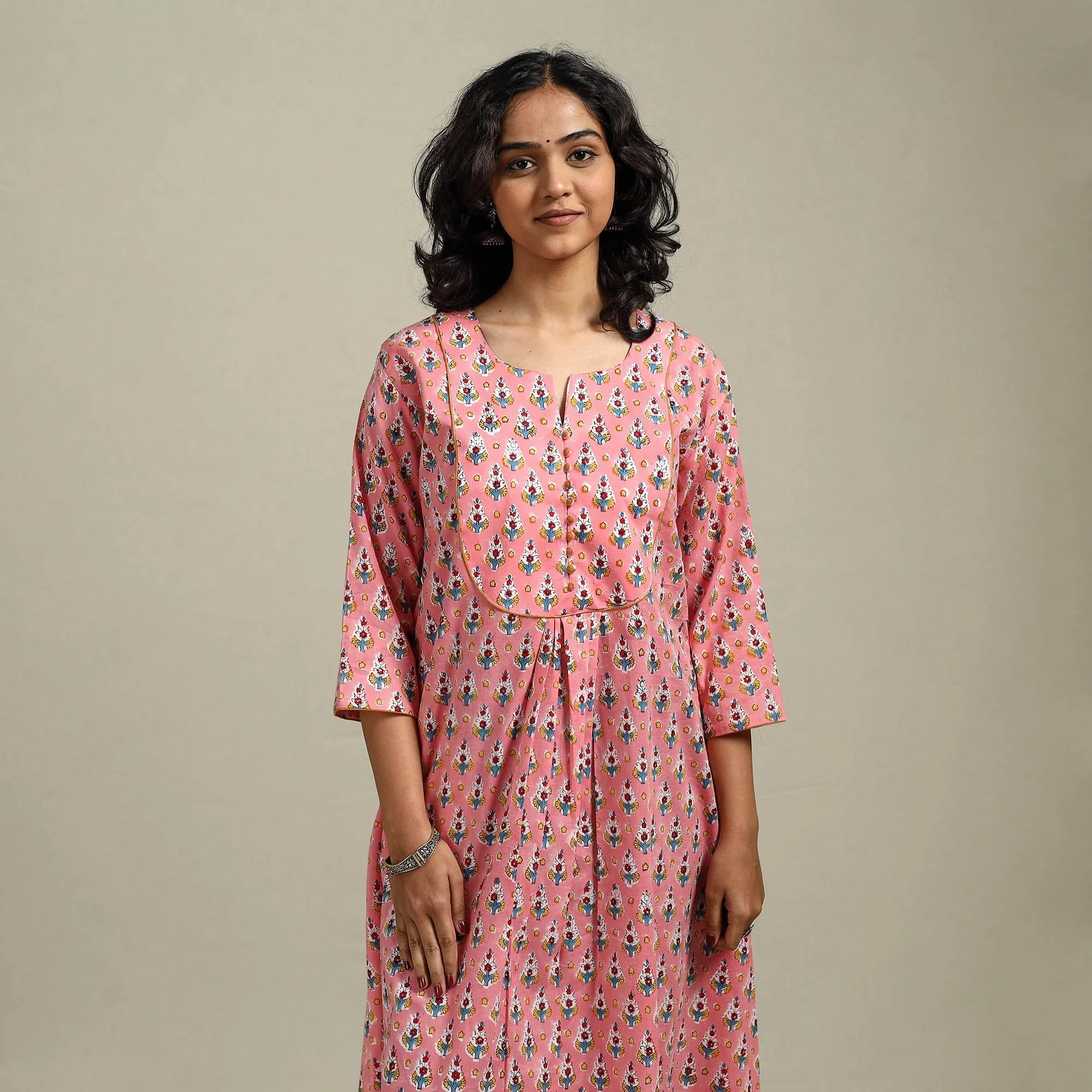 Pink - Hand Block Print Cotton A-Line Sanganeri Kurta for women 04 - Image 4