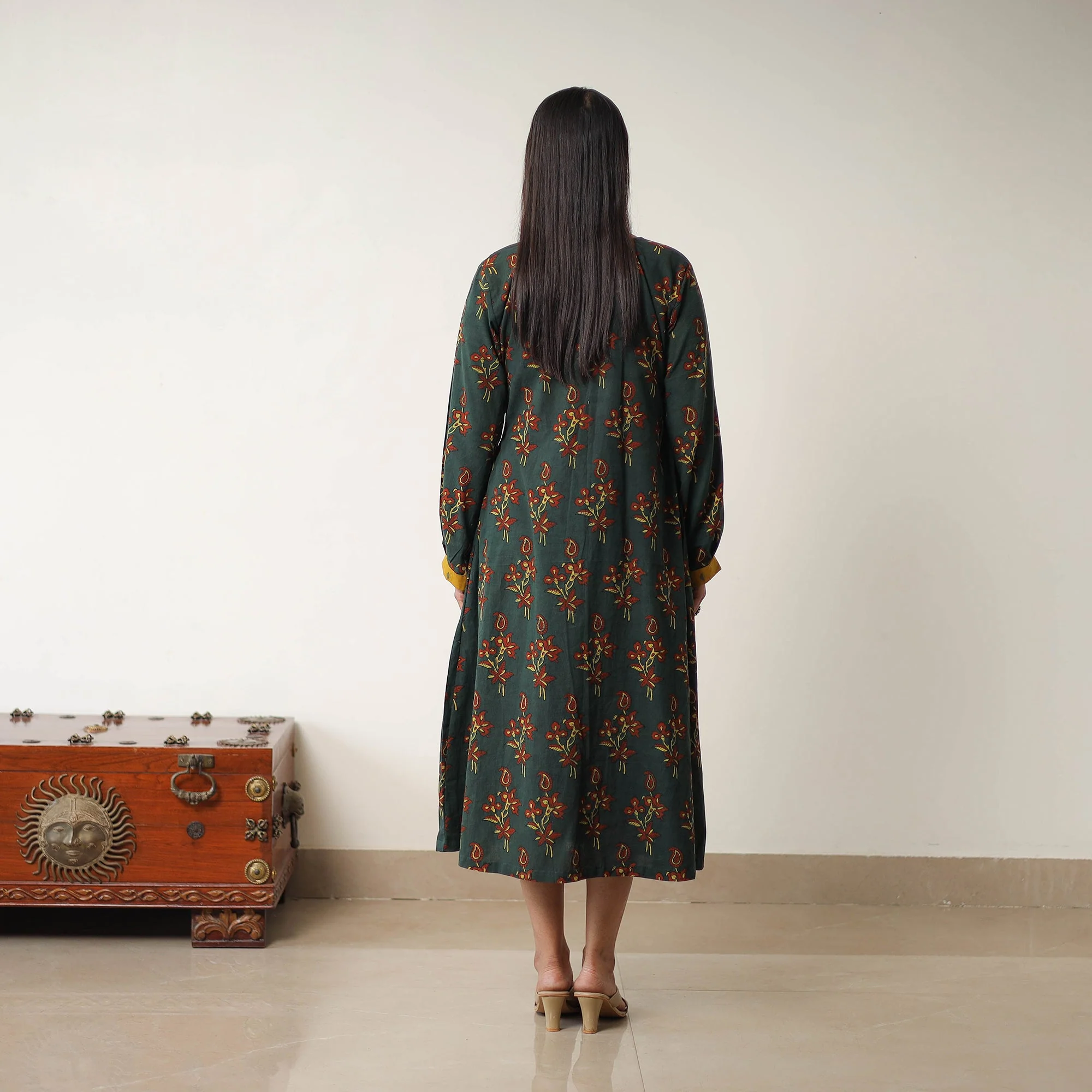 Green - Hand Block Print Cotton Flared Gher Ajrakh Dress 11 - Image 4