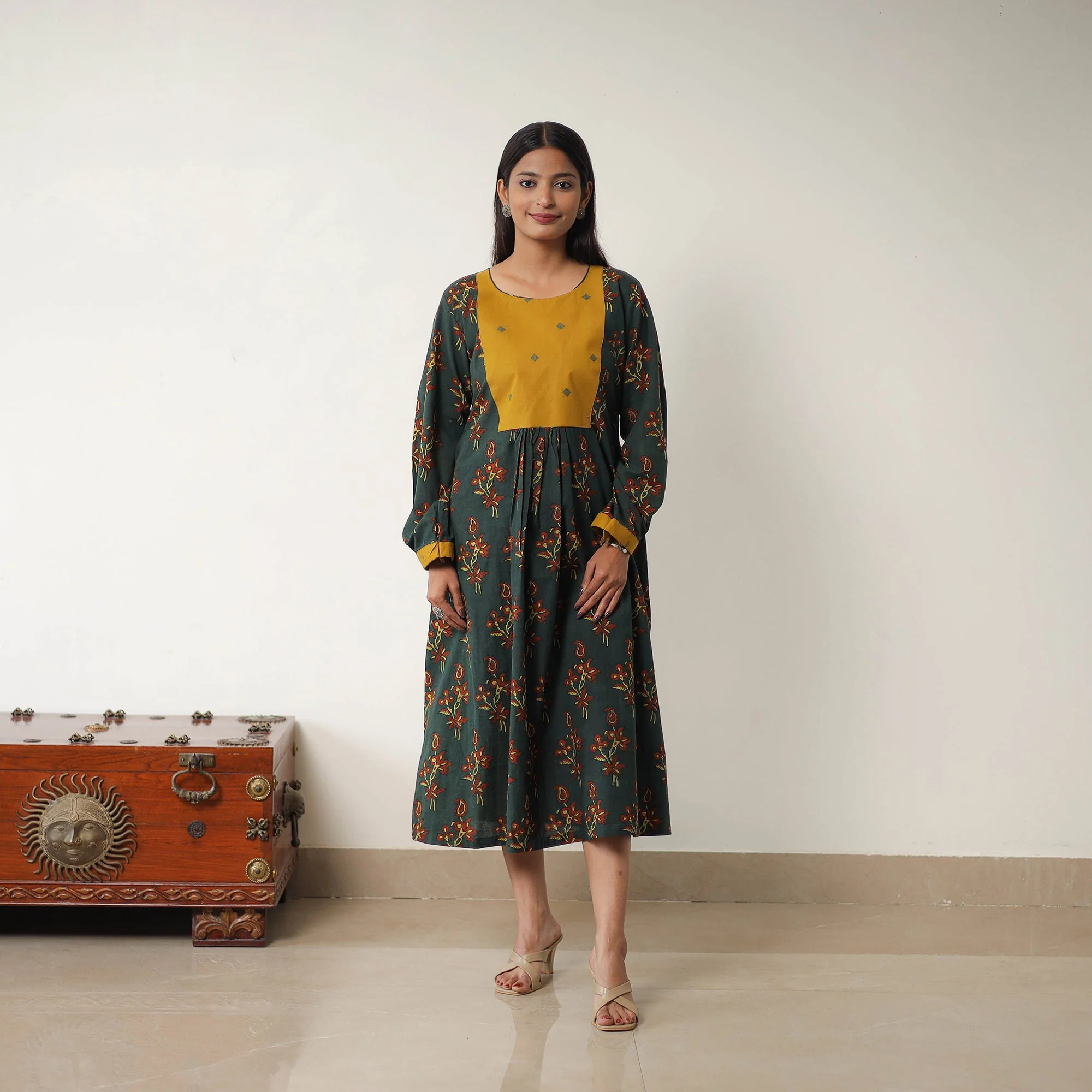 Green - Hand Block Print Cotton Flared Gher Ajrakh Dress 11 - Image 5