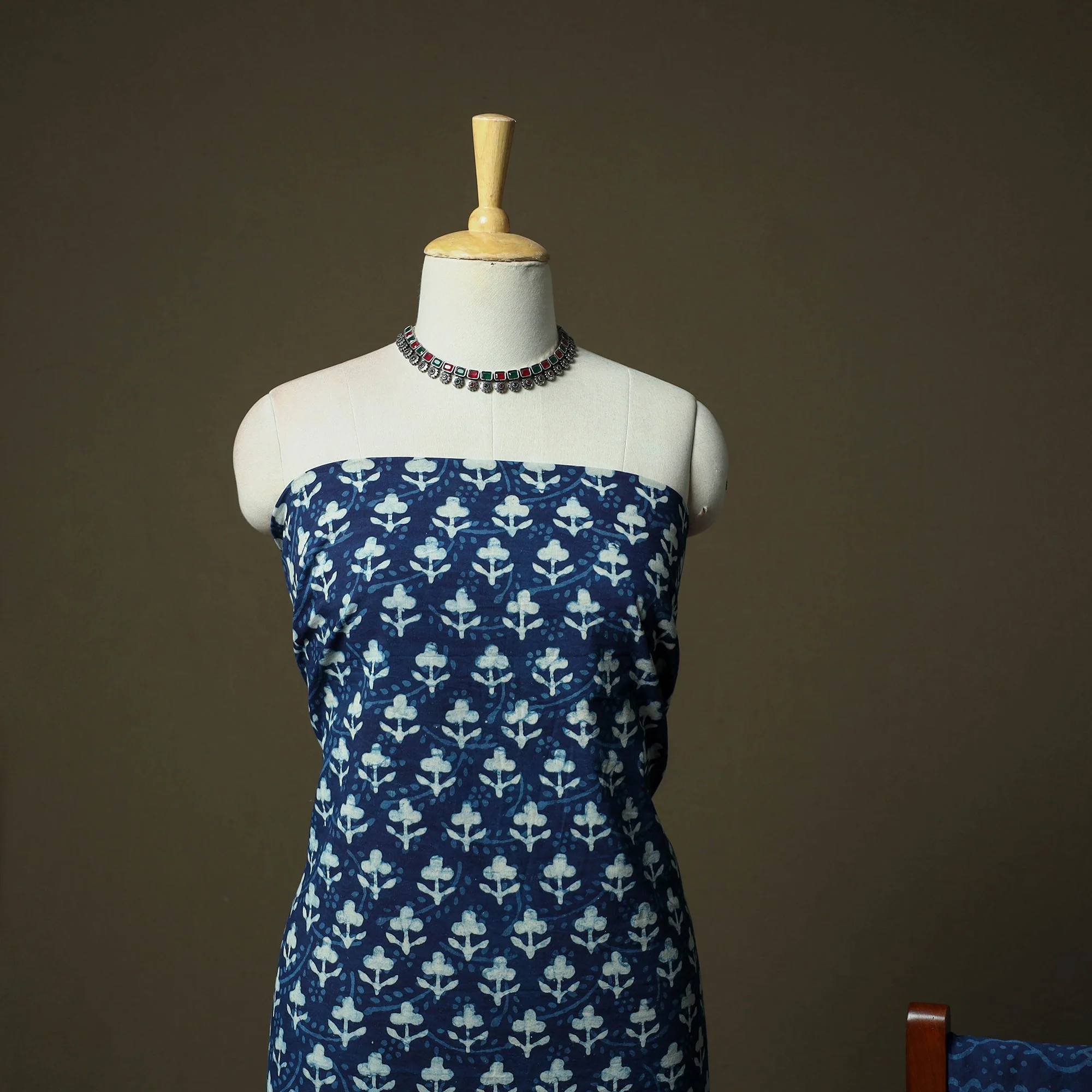 Blue - Hand Block Print Cotton Indigo Bagru 3pc Unstitched Dress Material 63 - Image 3