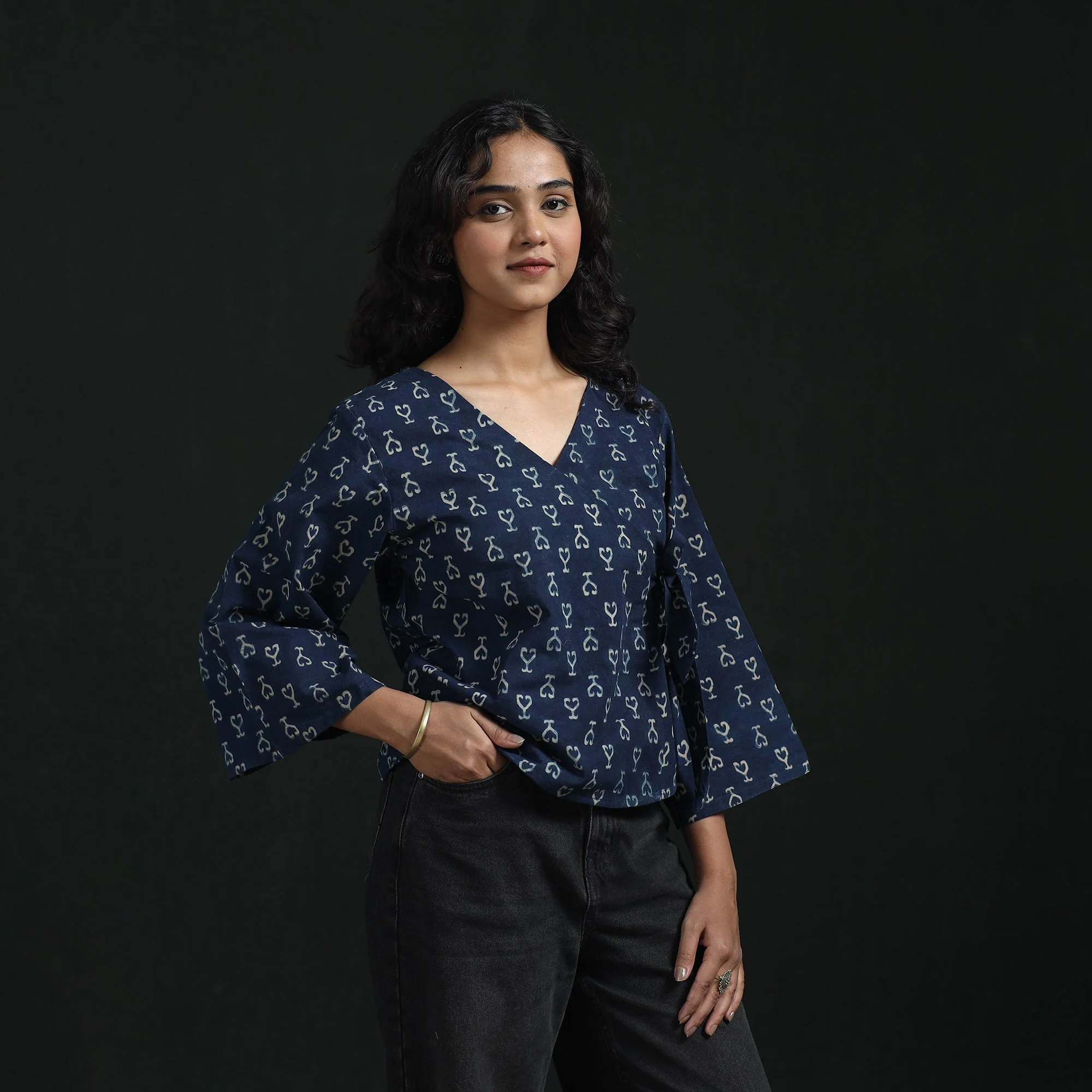Blue - Hand Block Print Cotton Natural Dyed Angrakha Ajrakh Crop Top 08 - Image 2