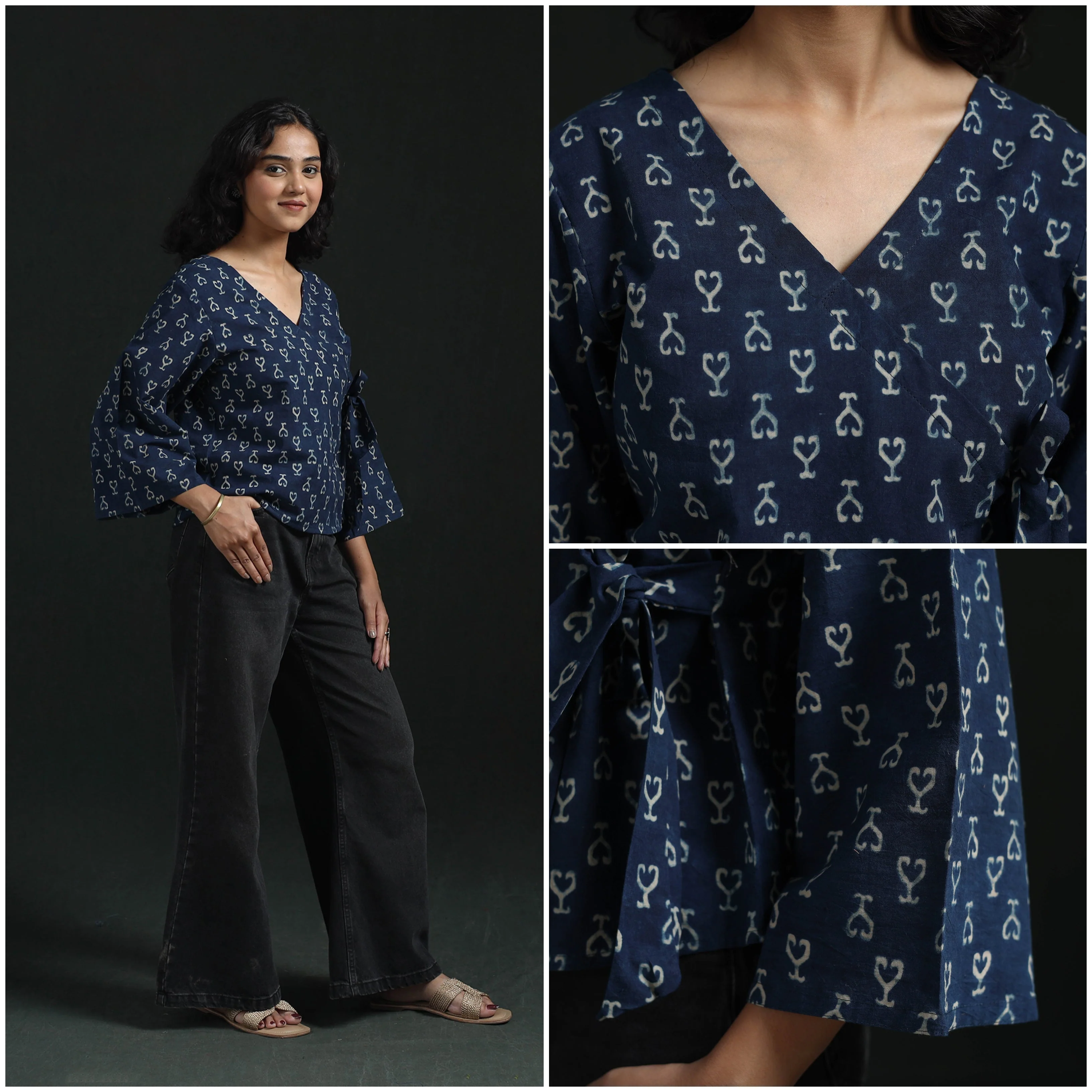Blue - Hand Block Print Cotton Natural Dyed Angrakha Ajrakh Crop Top 08 - Image 3