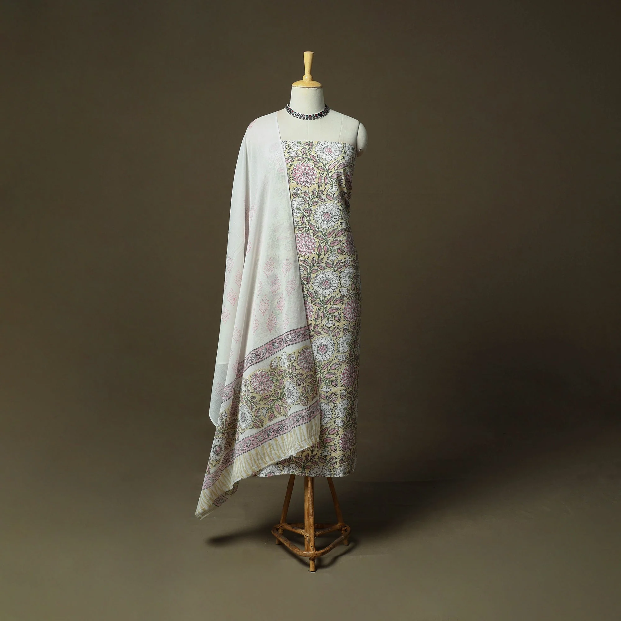 Yellow - Hand Block Print Cotton Sanganeri 3pc Unstitched Dress Material 32 - Image 2