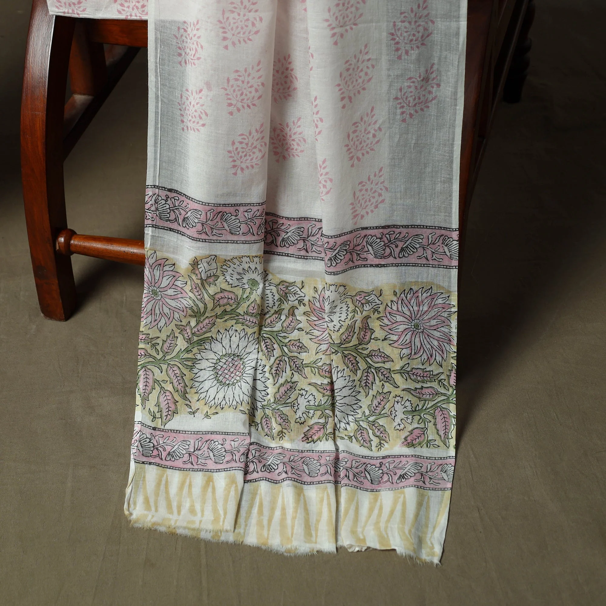 Yellow - Hand Block Print Cotton Sanganeri 3pc Unstitched Dress Material 32 - Image 4