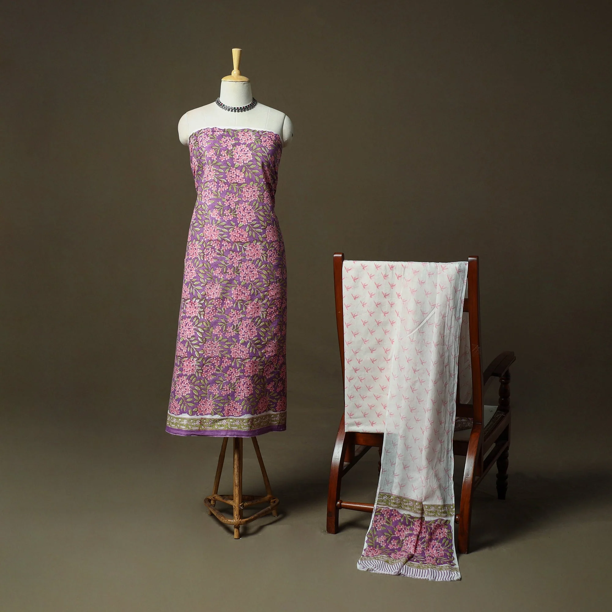 Purple - Hand Block Print Cotton Sanganeri 3pc Unstitched Dress Material 39
