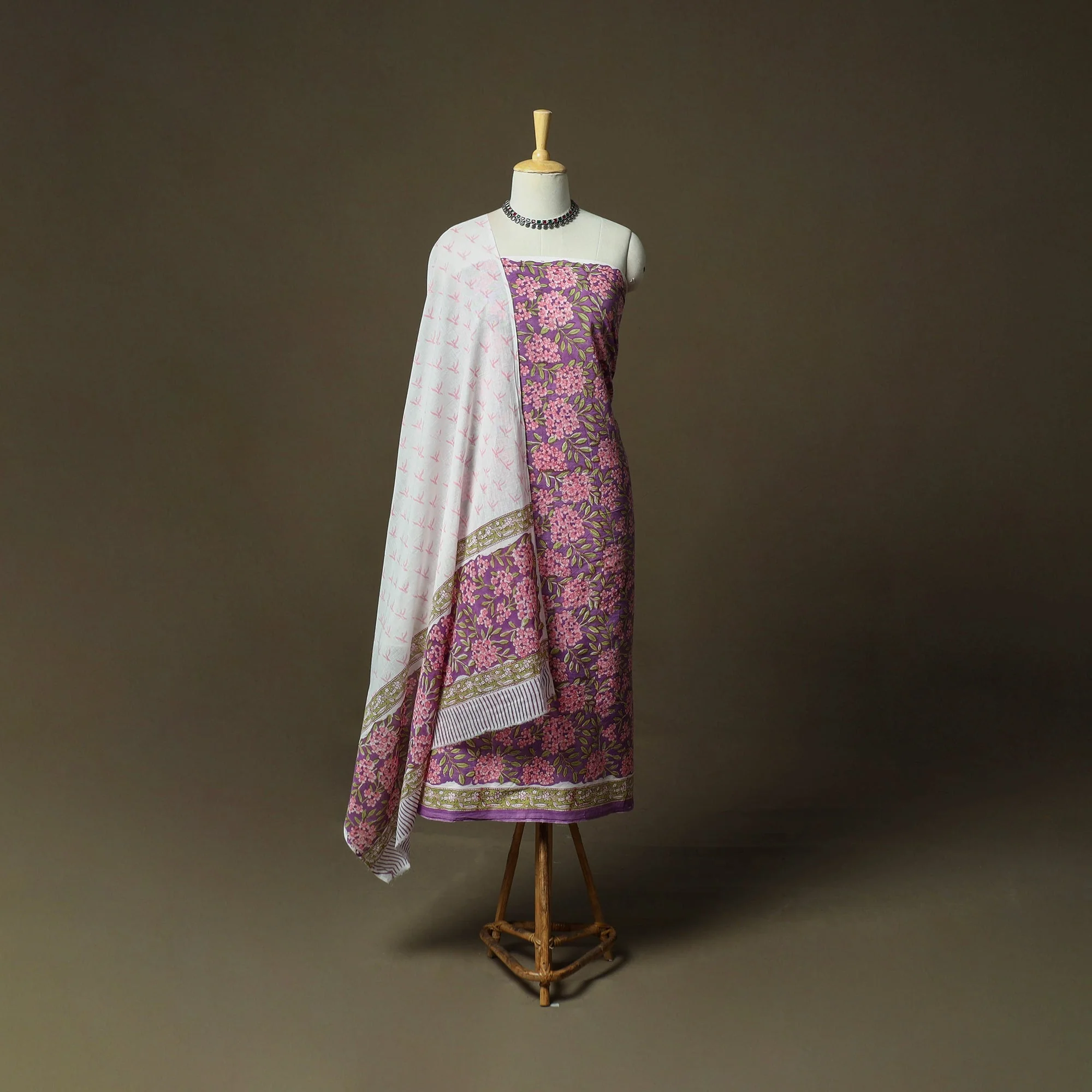 Purple - Hand Block Print Cotton Sanganeri 3pc Unstitched Dress Material 39 - Image 2