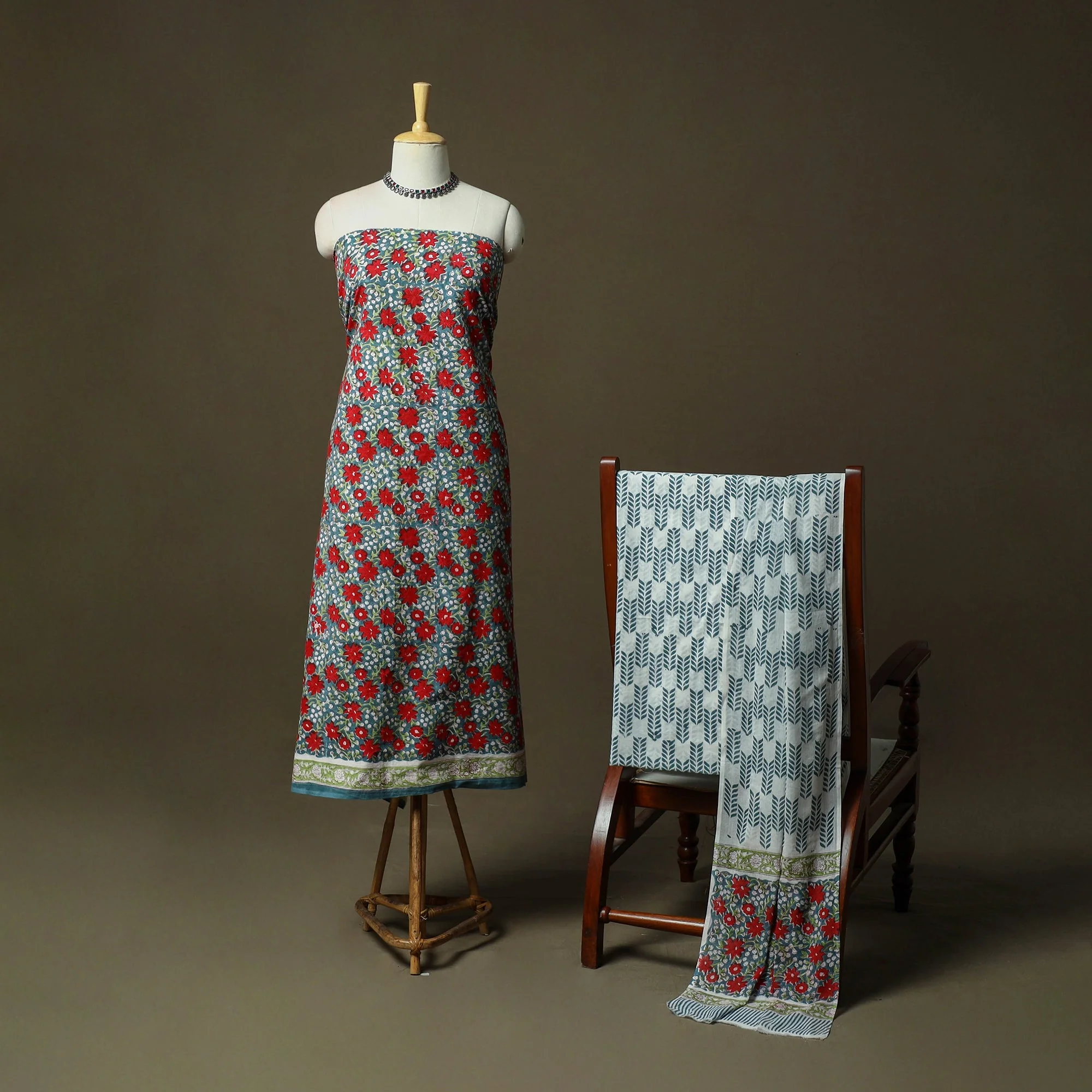 Blue - Hand Block Print Cotton Sanganeri 3pc Unstitched Dress Material 42