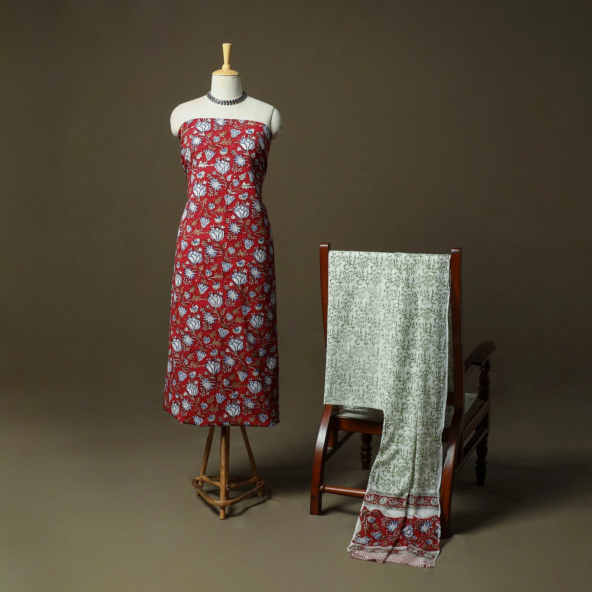 Red - Hand Block Print Cotton Sanganeri 3pc Unstitched Dress Material 47