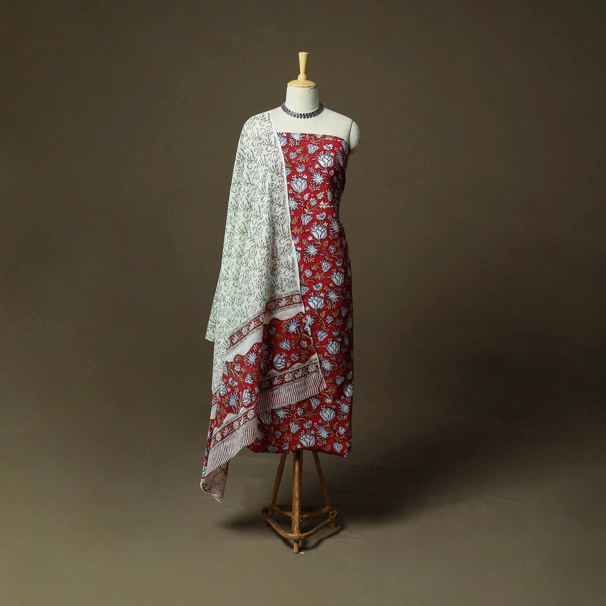 Red - Hand Block Print Cotton Sanganeri 3pc Unstitched Dress Material 47 - Image 2