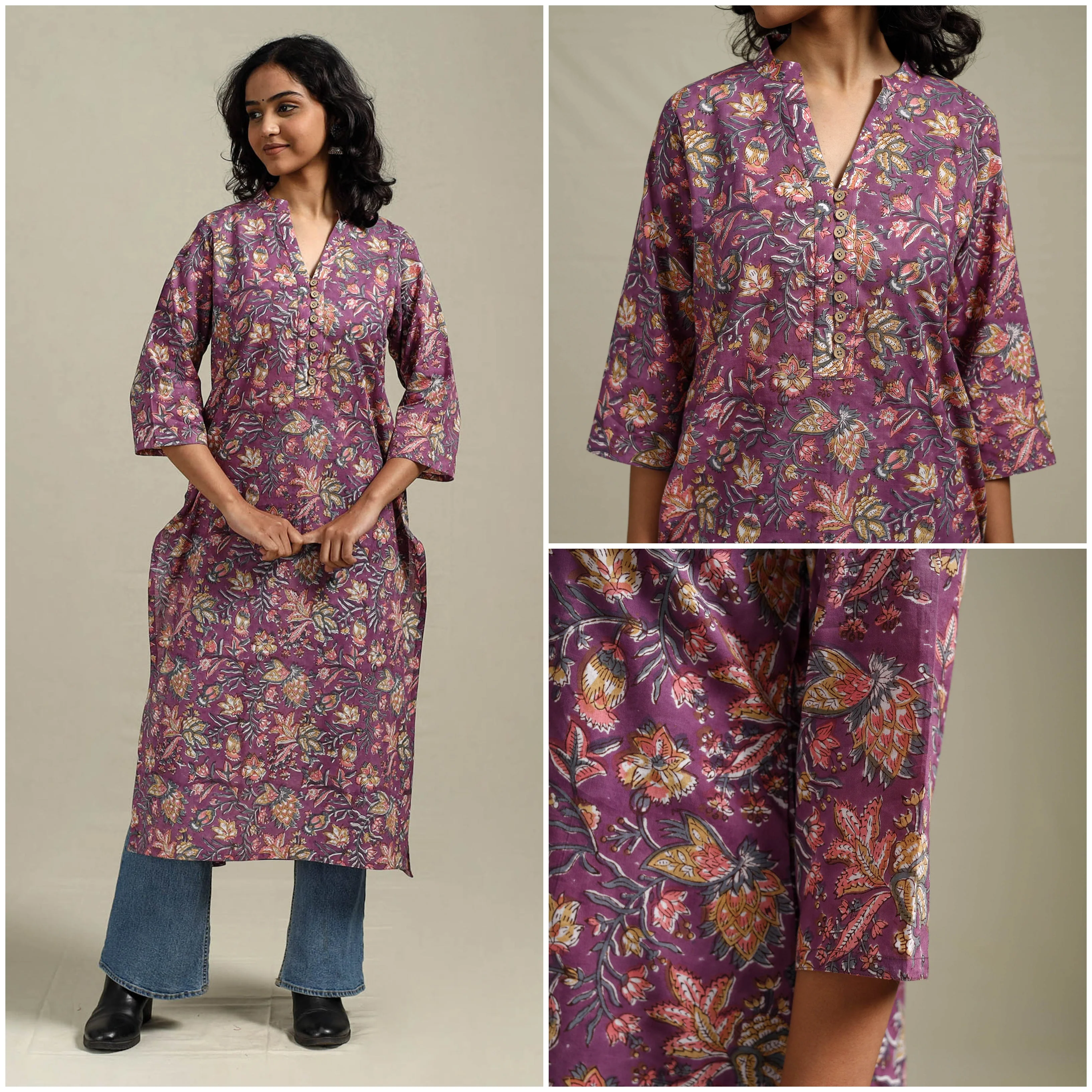 Purple - Hand Block Print Cotton Straight Sanganeri Kurta for women 13 - Image 3