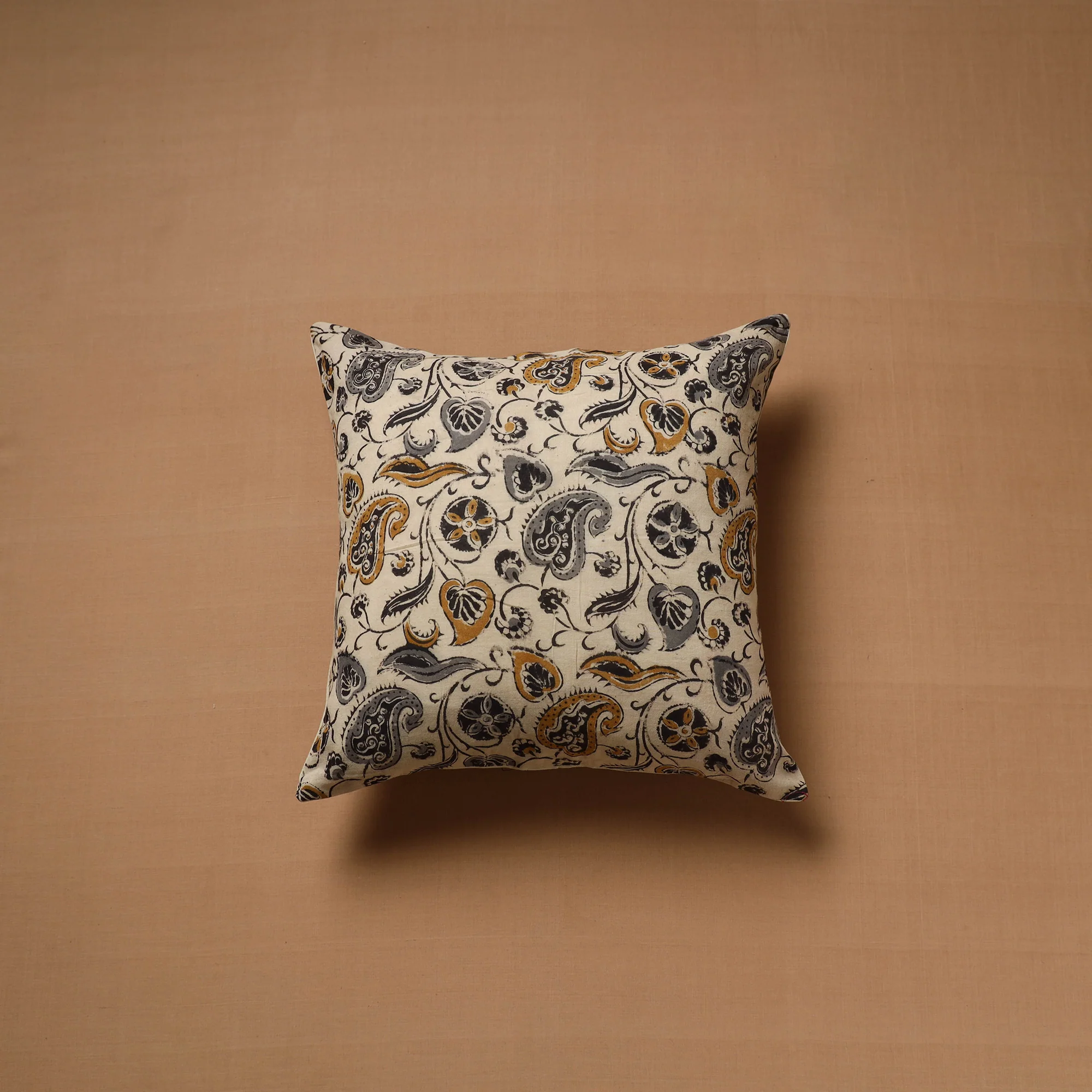 Beige - Hand Block Print Kalamkari Cushion Cover (16 x 16 in) 15