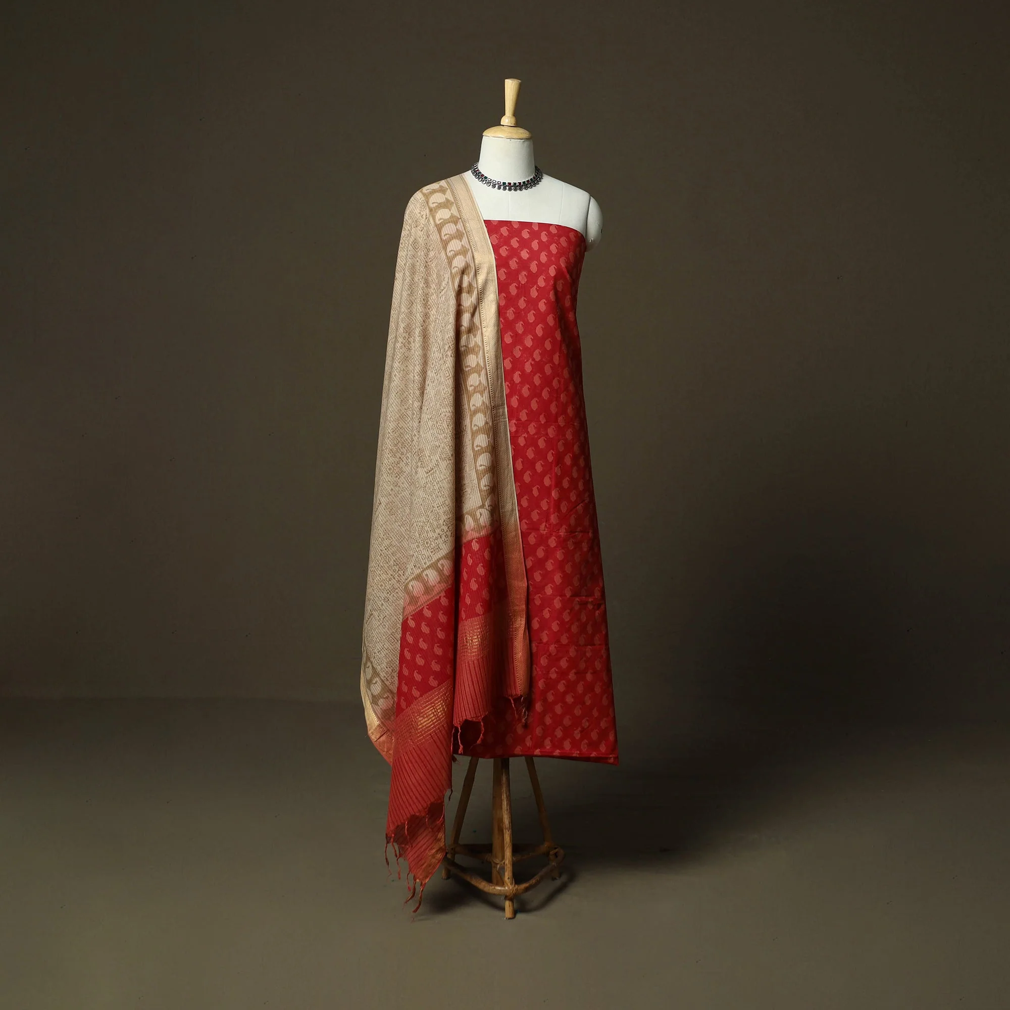 Red - Hand Block Print Mangalagiri Cotton 3pc Unstitched Dress Material with Zari Border 16 - Image 2