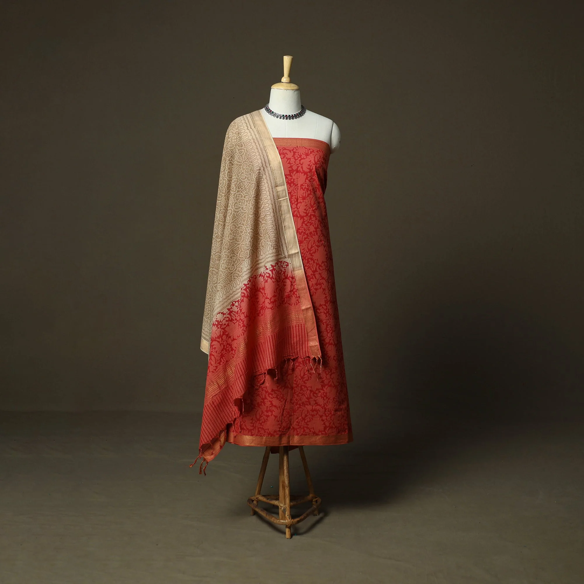 Red - Hand Block Print Mangalagiri Cotton 3pc Unstitched Dress Material with Zari Border 17 - Image 2
