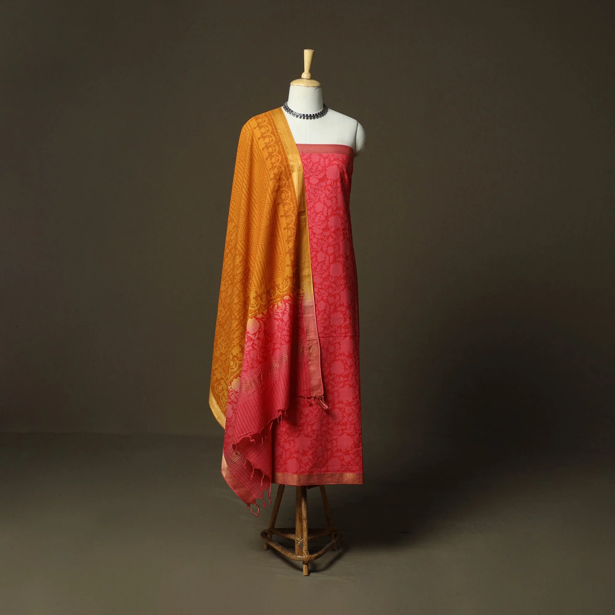 Pink - Hand Block Print Mangalagiri Cotton 3pc Unstitched Dress Material with Zari Border 18 - Image 2