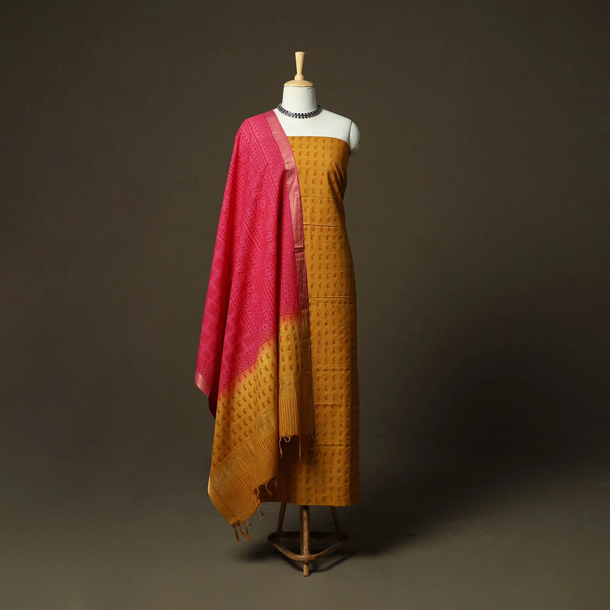 Yellow - Hand Block Print Mangalagiri Cotton 3pc Unstitched Dress Material with Zari Border 19 - Image 2