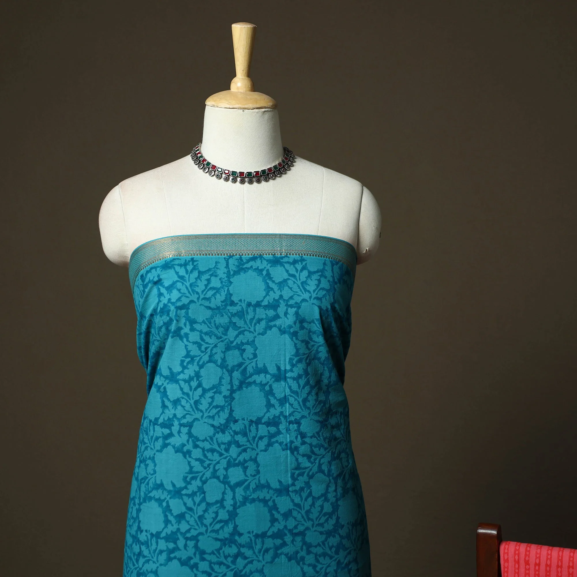 Blue - Hand Block Print Mangalagiri Cotton 3pc Unstitched Dress Material with Zari Border 20 - Image 3