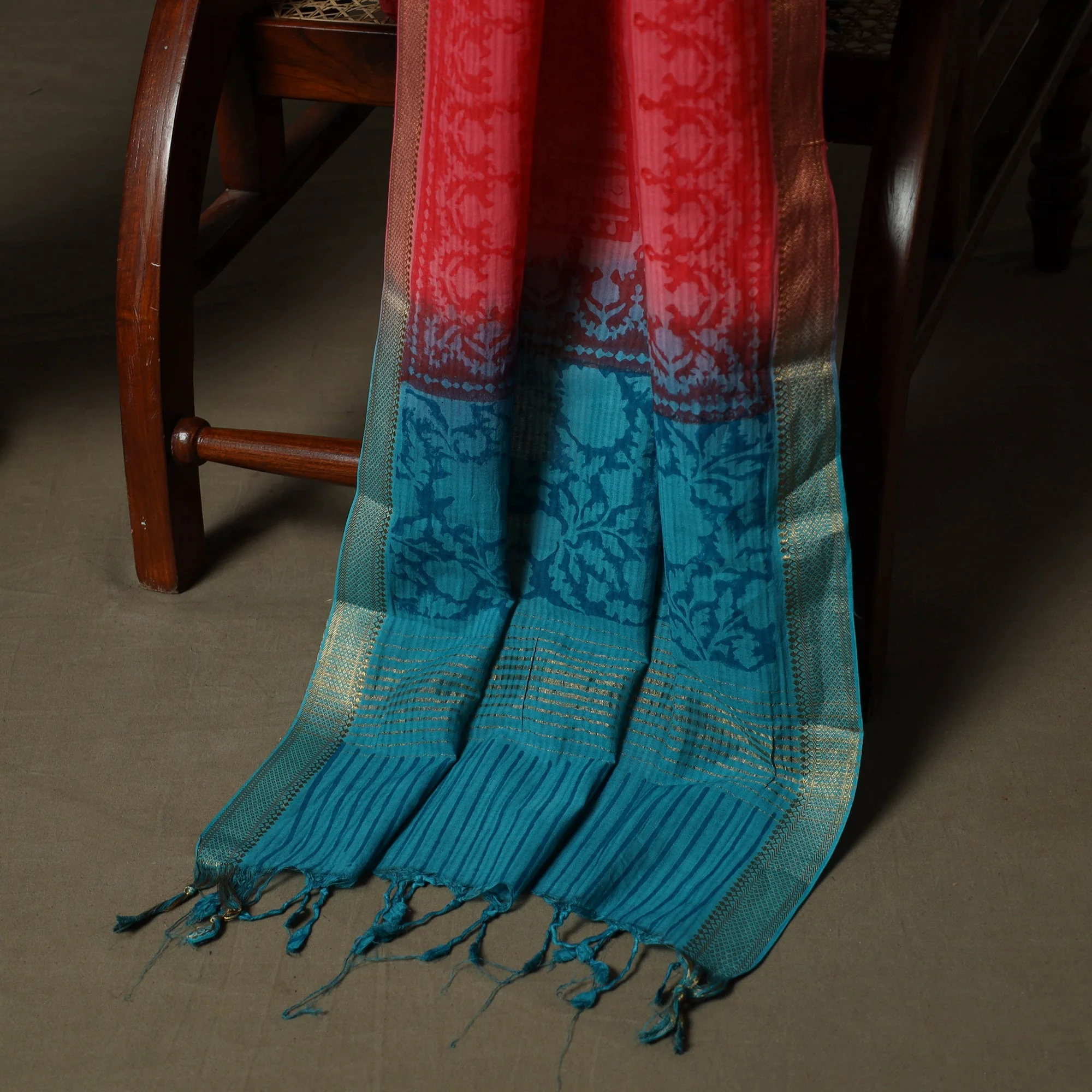 Blue - Hand Block Print Mangalagiri Cotton 3pc Unstitched Dress Material with Zari Border 20 - Image 4