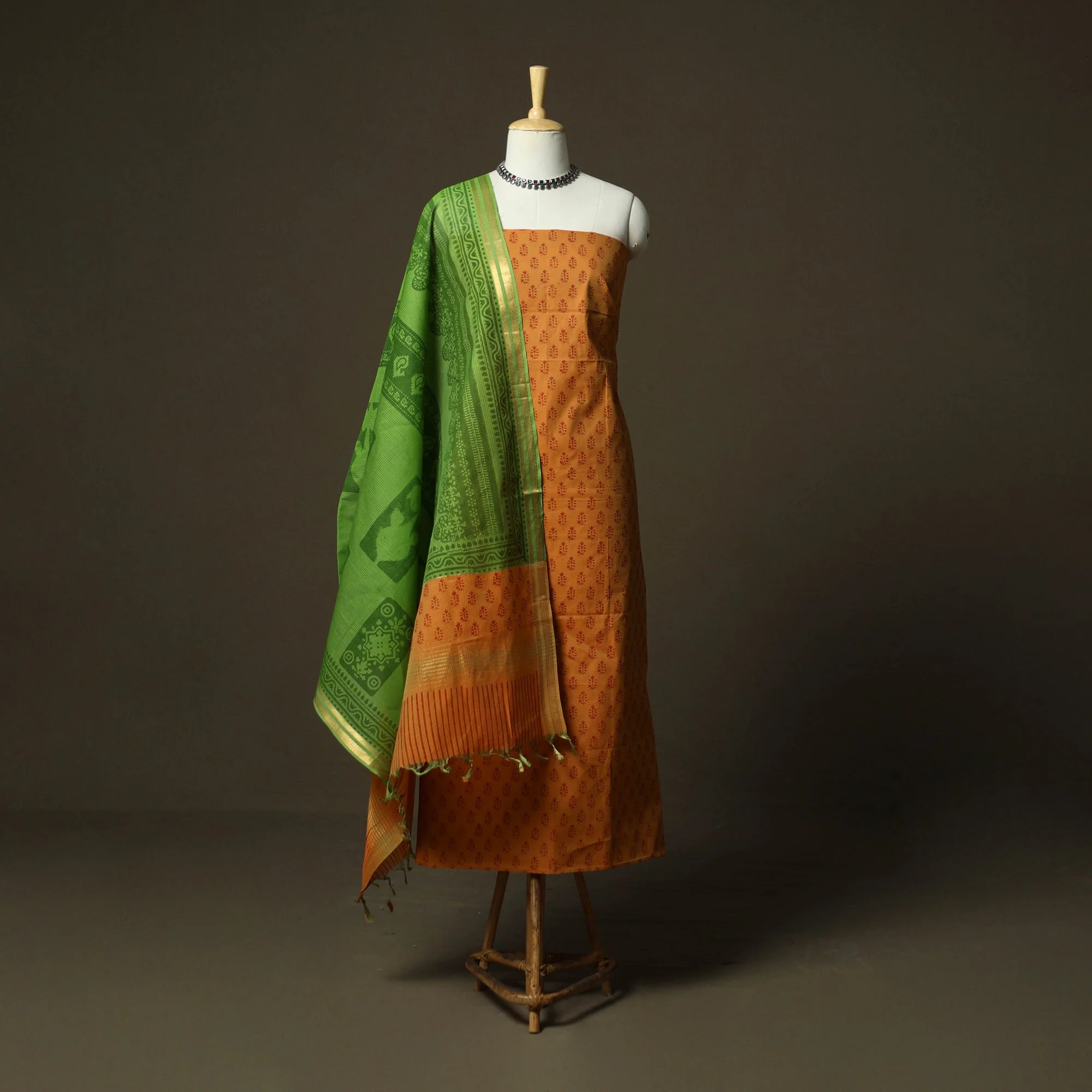 Orange - Hand Block Print Mangalagiri Cotton 3pc Unstitched Dress Material with Zari Border 25 - Image 2