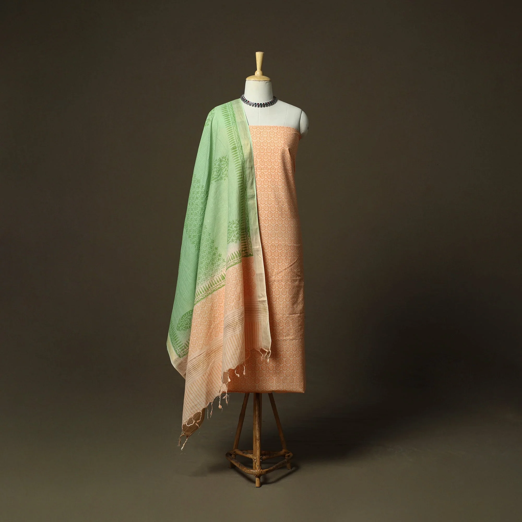 Peach - Hand Block Print Mangalagiri Cotton 3pc Unstitched Dress Material with Zari Border 26 - Image 2