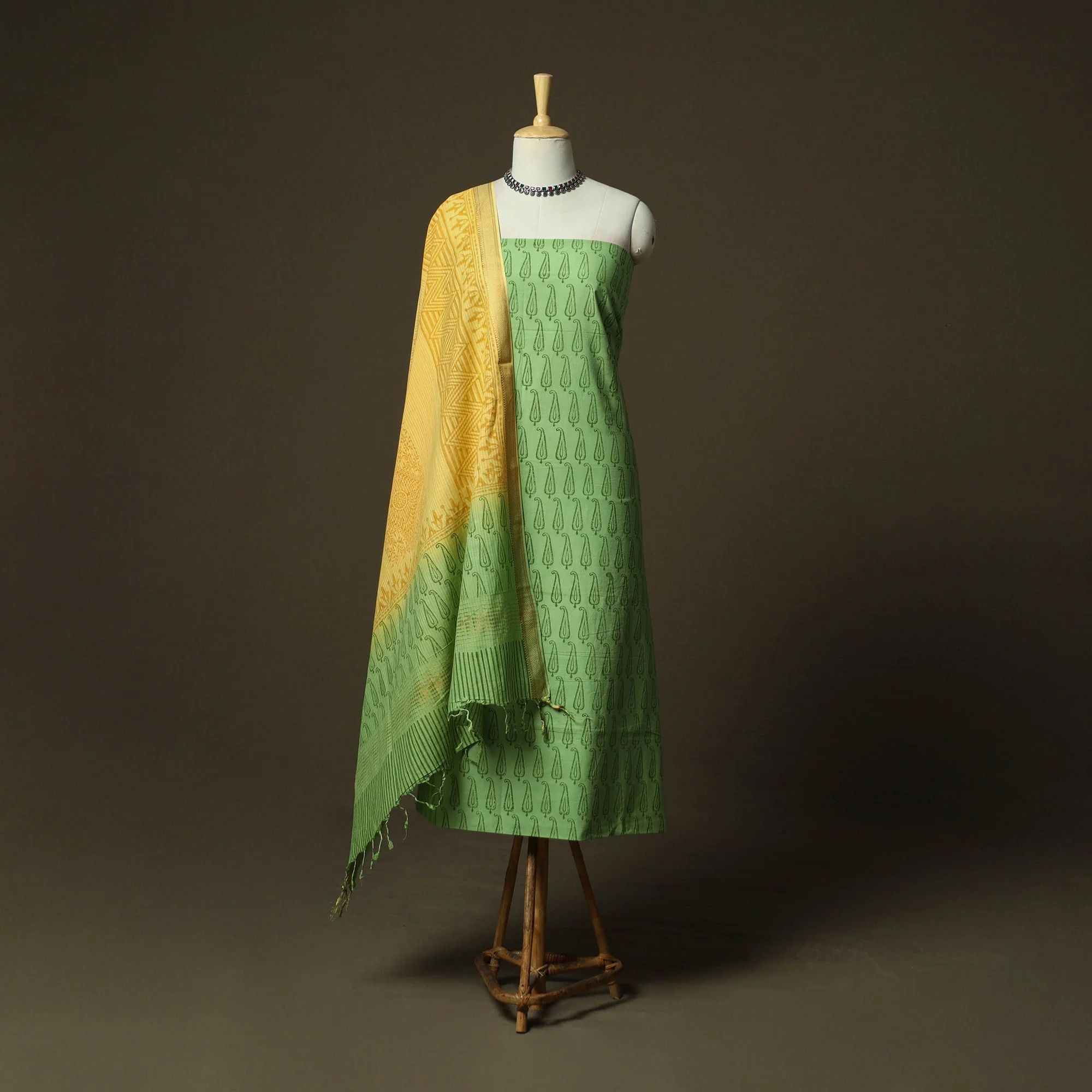 Green - Hand Block Print Mangalagiri Cotton 3pc Unstitched Dress Material with Zari Border 31 - Image 2