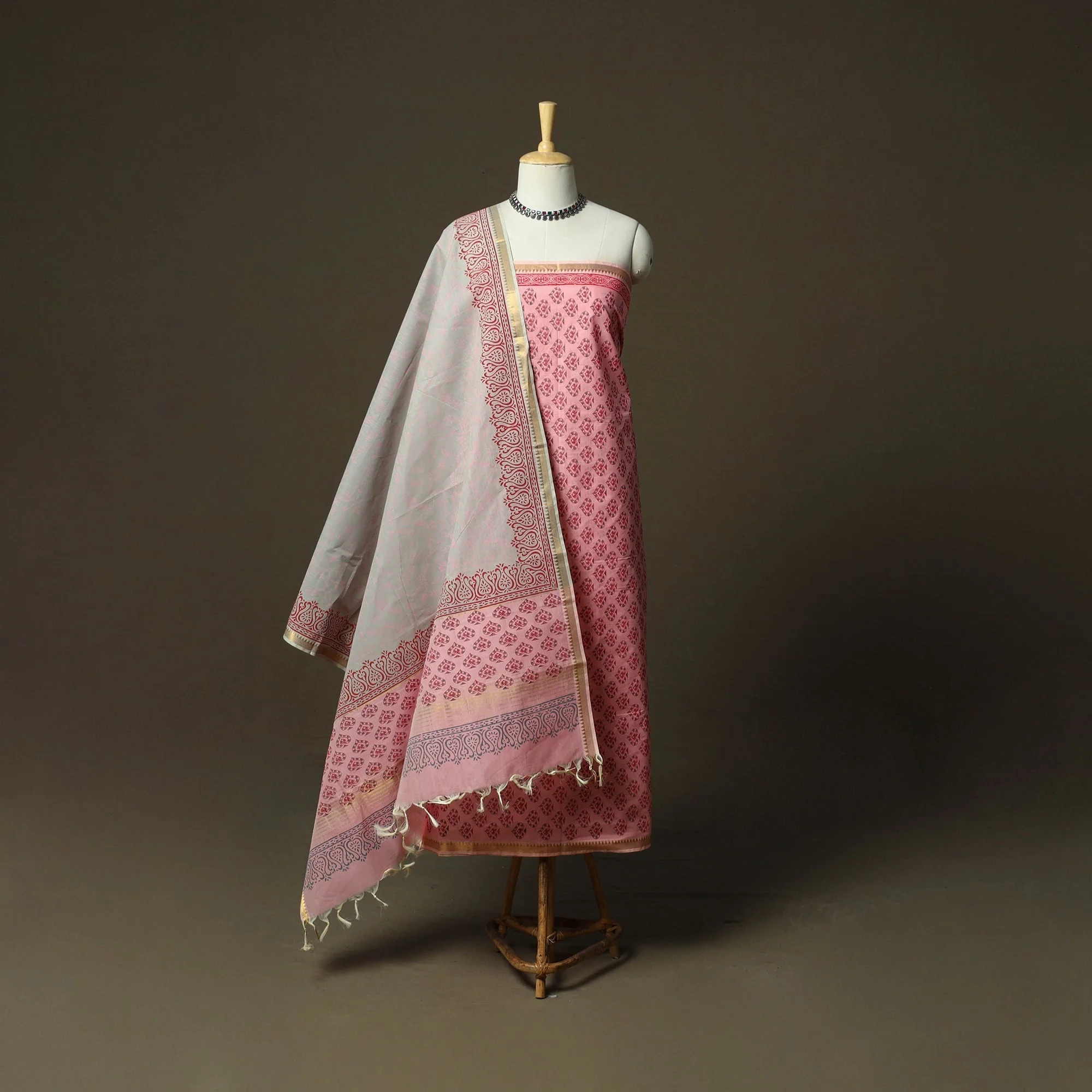 Pink - Hand Block Print Mangalagiri Cotton 3pc Unstitched Dress Material with Zari Border 39 - Image 2