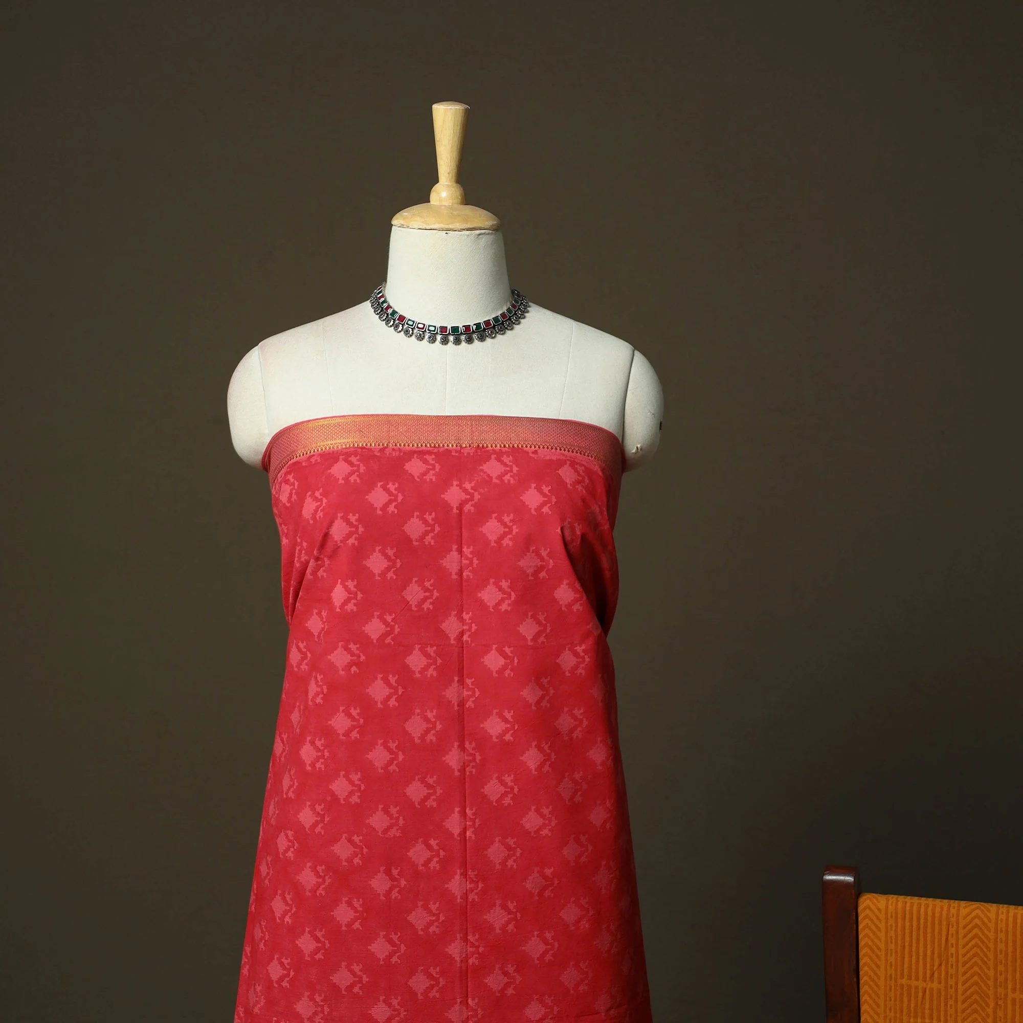 Red - Hand Block Print Mangalagiri Cotton 3pc Unstitched Dress Material with Zari Border 40 - Image 3