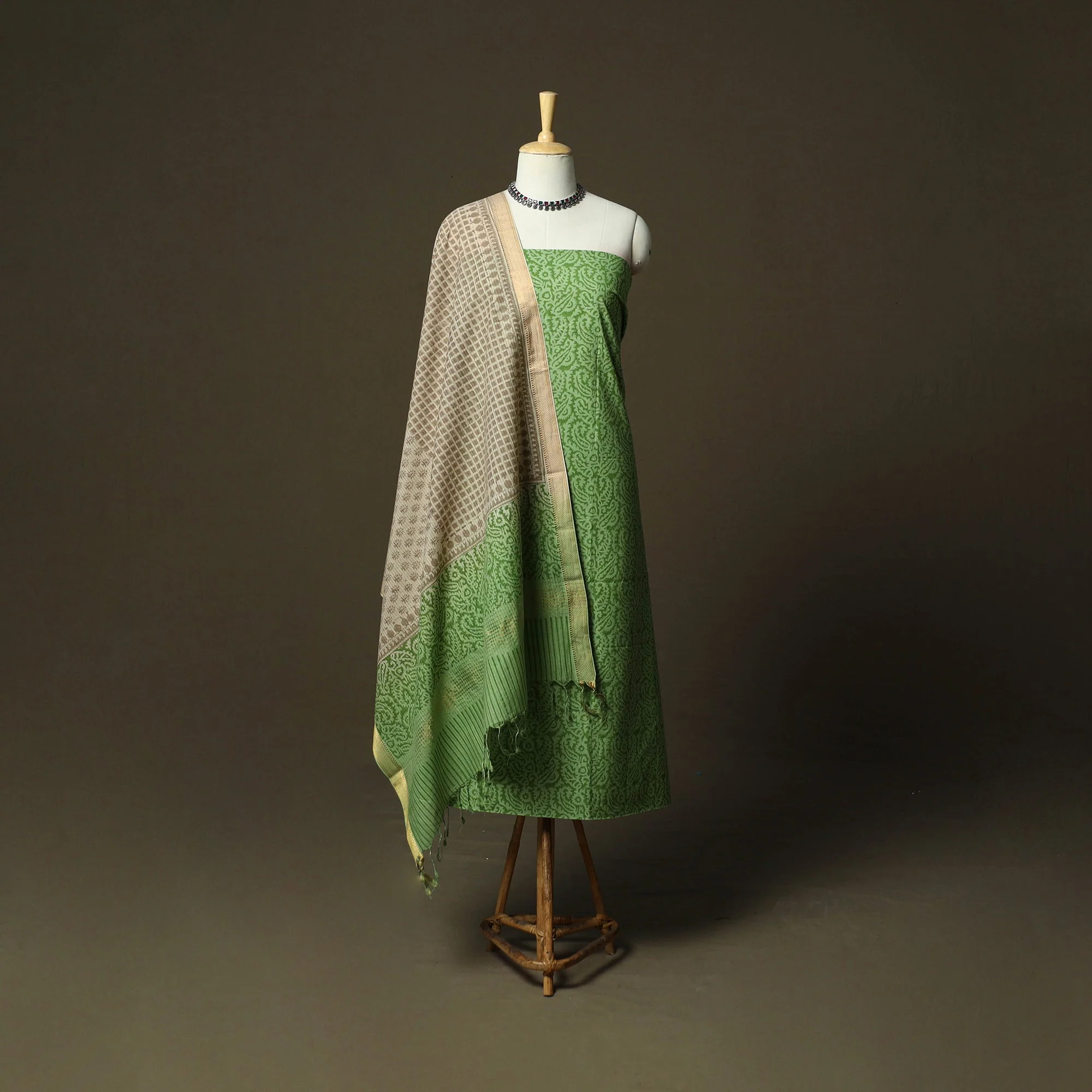 Green - Hand Block Print Mangalagiri Cotton 3pc Unstitched Dress Material with Zari Border 58 - Image 2